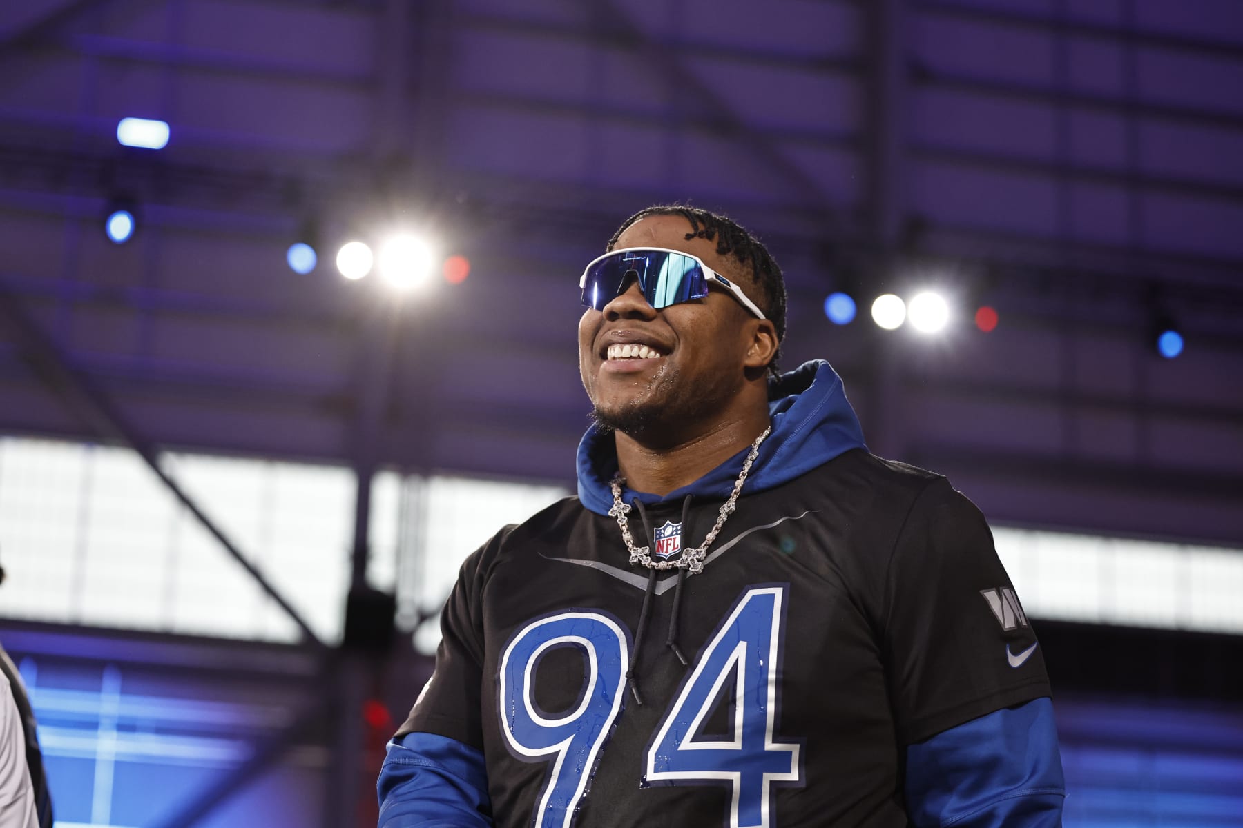 LAS VEGAS, NEVADA - FEBRUARY 02: NFC defensive tackle Daron Payne #94 of the Washington Commanders reacts as he competes in the Splash Catch event during the Pro Bowl Games skills events on February 02, 2023 in Las Vegas, Nevada. (Photo by Michael Owens/Getty Images)