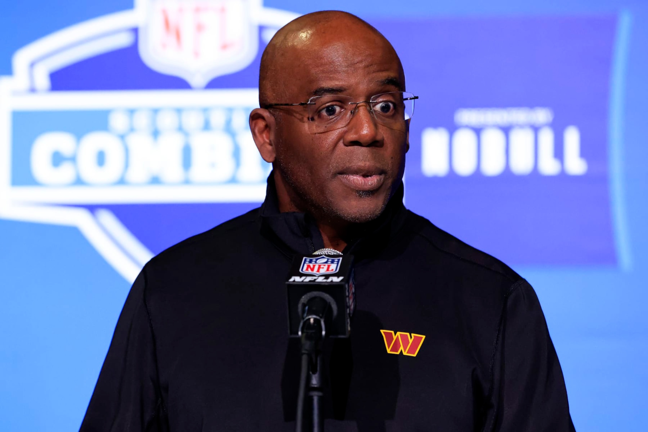 INDIANAPOLIS, INDIANA - MARCH 01: General manager Martin Mayhew of the Washington Commanders speaks to the media during the NFL Combine at Lucas Oil Stadium on March 01, 2023 in Indianapolis, Indiana. (Photo by Justin Casterline/Getty Images)