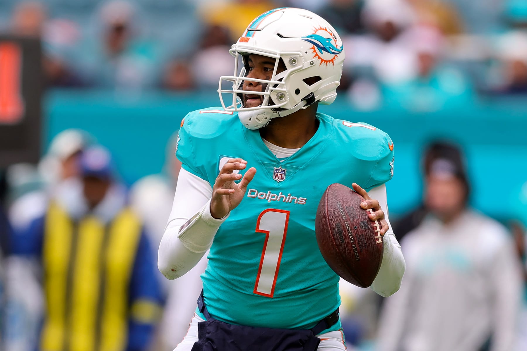 MIAMI GARDENS, FLORIDA - DECEMBER 25: Tua Tagovailoa #1 of the Miami Dolphins looks to pass against the Green Bay Packers during the second half of the game at Hard Rock Stadium on December 25, 2022 in Miami Gardens, Florida. (Photo by Megan Briggs/Getty Images)