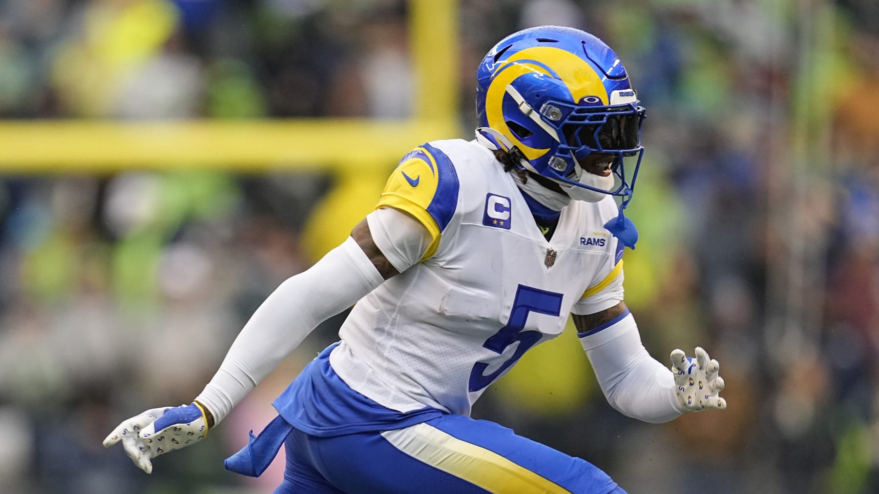 Los Angeles Rams cornerback Jalen Ramsey (5) defends down the field during the first half of an NFL football game against the Seattle Seahawks, Sunday, Jan. 8, 2023, in Seattle. (AP Photo/Abbie Parr)