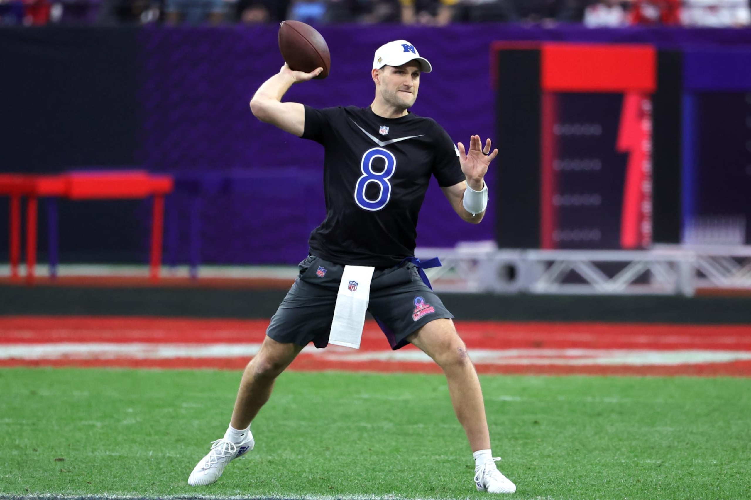 LAS VEGAS, NEVADA - FEBRUARY 05: Kirk Cousins #8 of the Minnesota Vikings NFC throws a pass against the AFC during the 2023 NFL Pro Bowl Games at Allegiant Stadium on February 05, 2023 in Las Vegas, Nevada. (Photo by Ethan Miller/Getty Images)