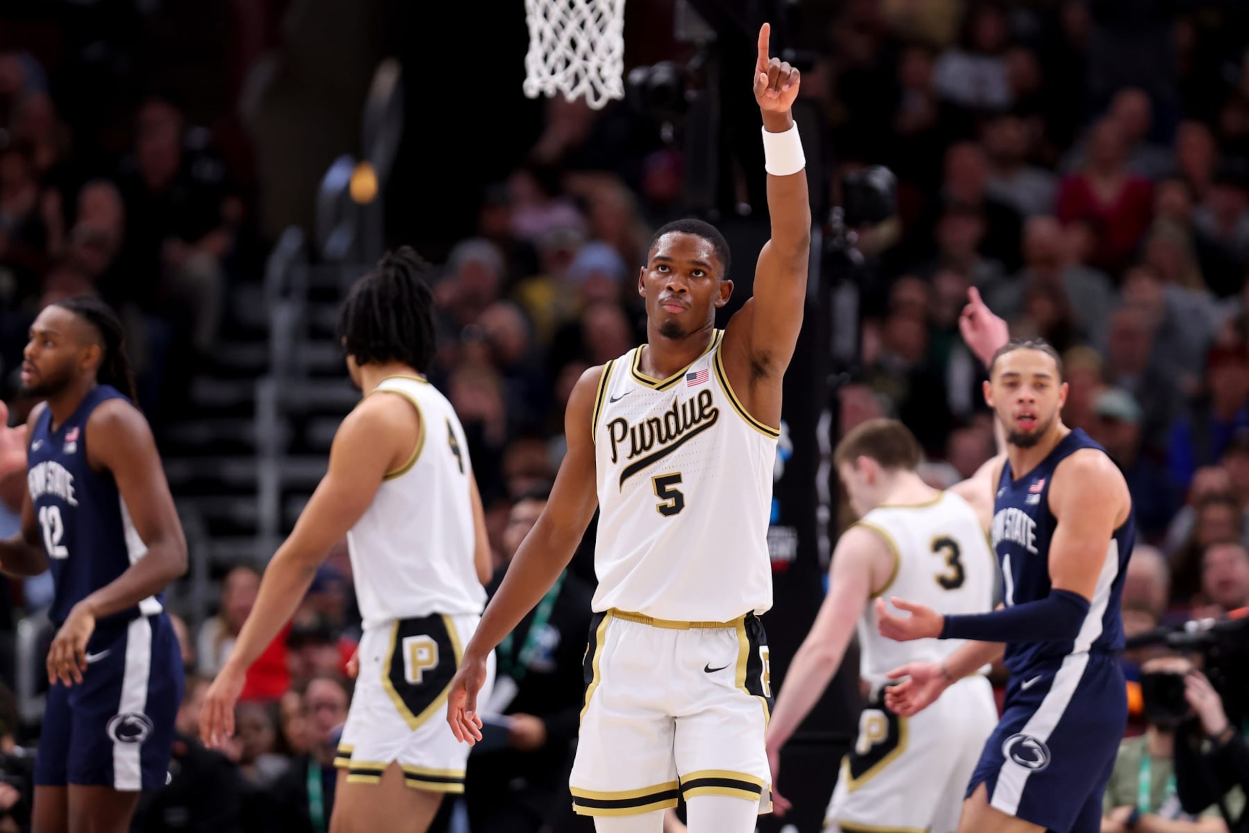 CHICAGO, ILLINOIS - MARCH 12: Brandon Newman #5 of the Purdue Boilermakers celebrates a basket against the Penn State Nittany Lions during the second half in the Big Ten Basketball Tournament Championship game at United Center on March 12, 2023 in Chicago, Illinois. (Photo by Michael Reaves/Getty Images)