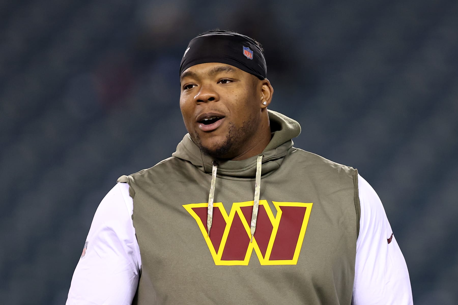PHILADELPHIA, PENNSYLVANIA - NOVEMBER 14: Daron Payne #94 of the Washington Commanders looks on prior to the game against the Philadelphia Eagles at Lincoln Financial Field on November 14, 2022 in Philadelphia, Pennsylvania. (Photo by Scott Taetsch/Getty Images)