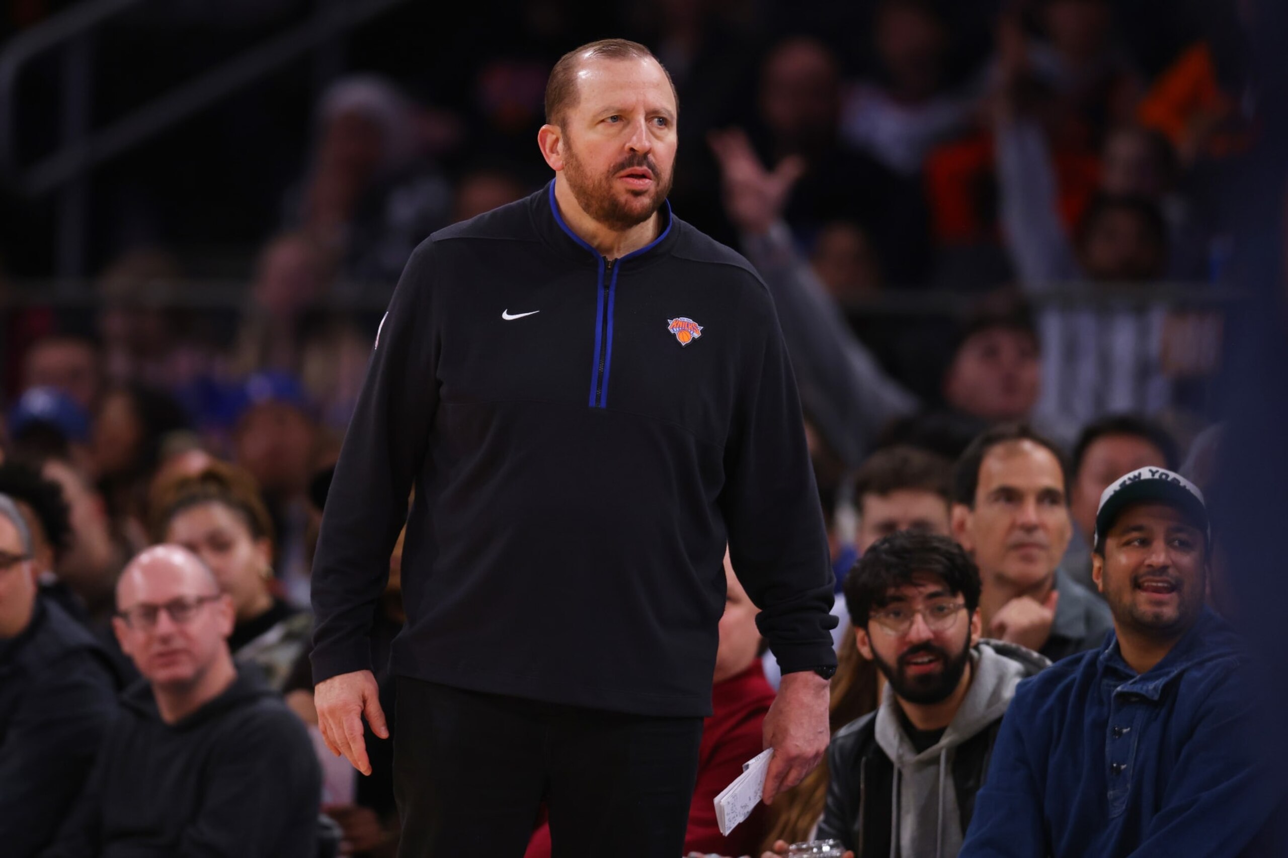 NEW YORK, NEW YORK - JANUARY 02: Head Coach Tom Thibodeau of the New York Knicks looks on against the Phoenix Suns at Madison Square Garden on January 02, 2023 in New York City. NOTE TO USER: User expressly acknowledges and agrees that, by downloading and or using this Photograph, user is consenting to the terms and conditions of the Getty Images License Agreement. New York Knicks defeated the Phoenix Suns 102-83. (Photo by Mike Stobe/Getty Images)