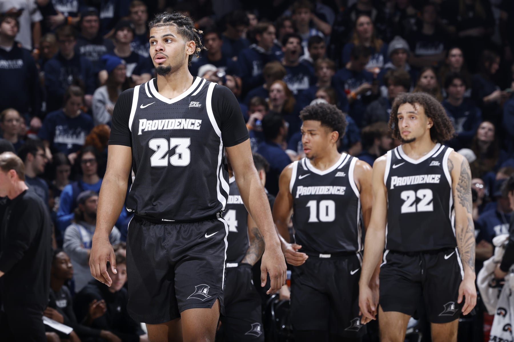 CINCINNATI, OH - FEBRUARY 01: Providence Friars forward Bryce Hopkins (23), guard Noah Locke (10) and guard Devin Carter (22) take the floor during a college basketball game against the Xavier Musketeers on February 1, 2023 at Cintas Center in Cincinnati, Ohio. (Photo by Joe Robbins/Icon Sportswire via Getty Images)