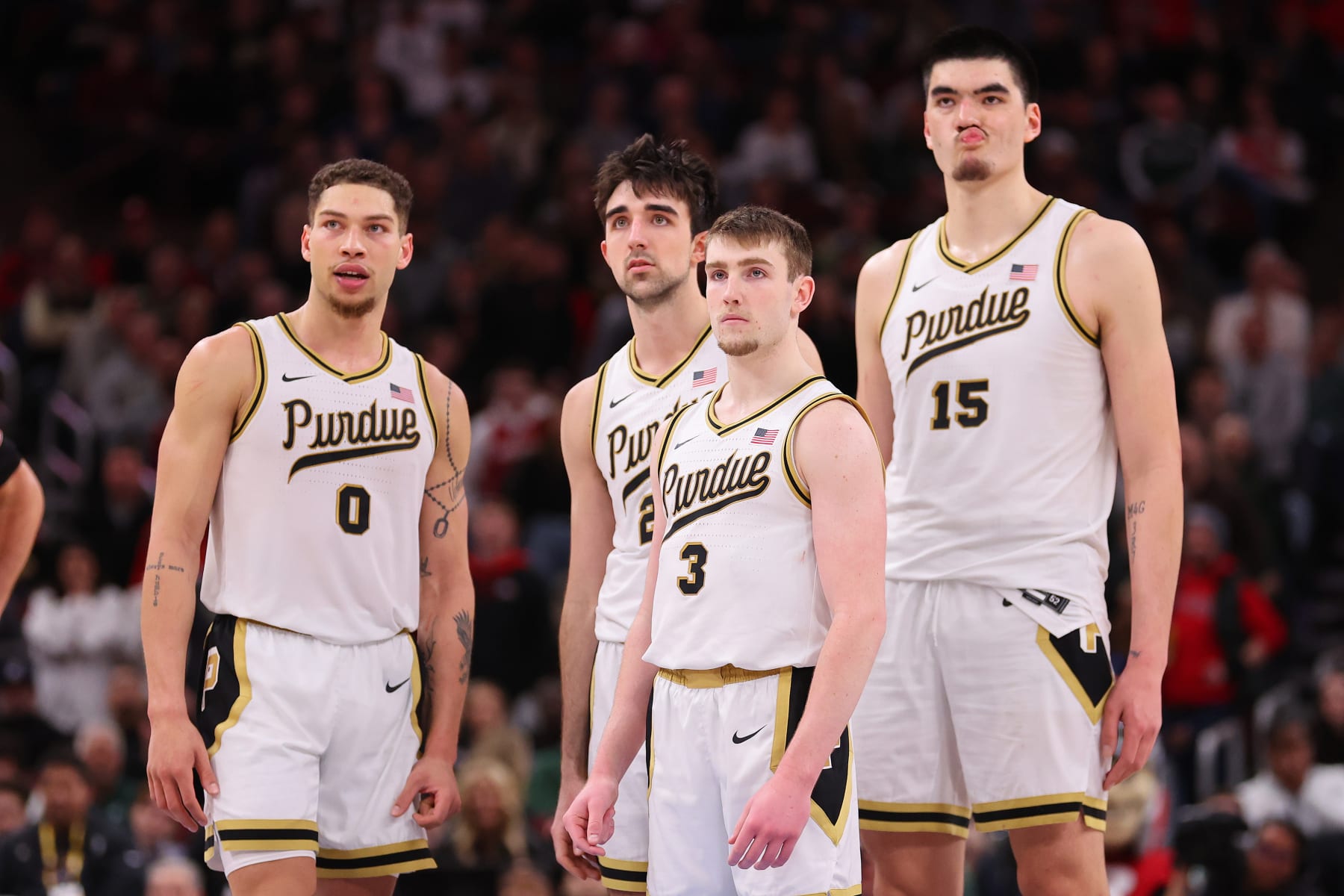 CHICAGO, ILLINOIS - MARCH 10: Mason Gillis #0, Ethan Morton #25, Braden Smith #3 and Zach Edey #15 of the Purdue Boilermakers look on against the Rutgers Scarlet Knights during the second half in the quarterfinals of the Big Ten Tournament at United Center on March 10, 2023 in Chicago, Illinois. (Photo by Michael Reaves/Getty Images)