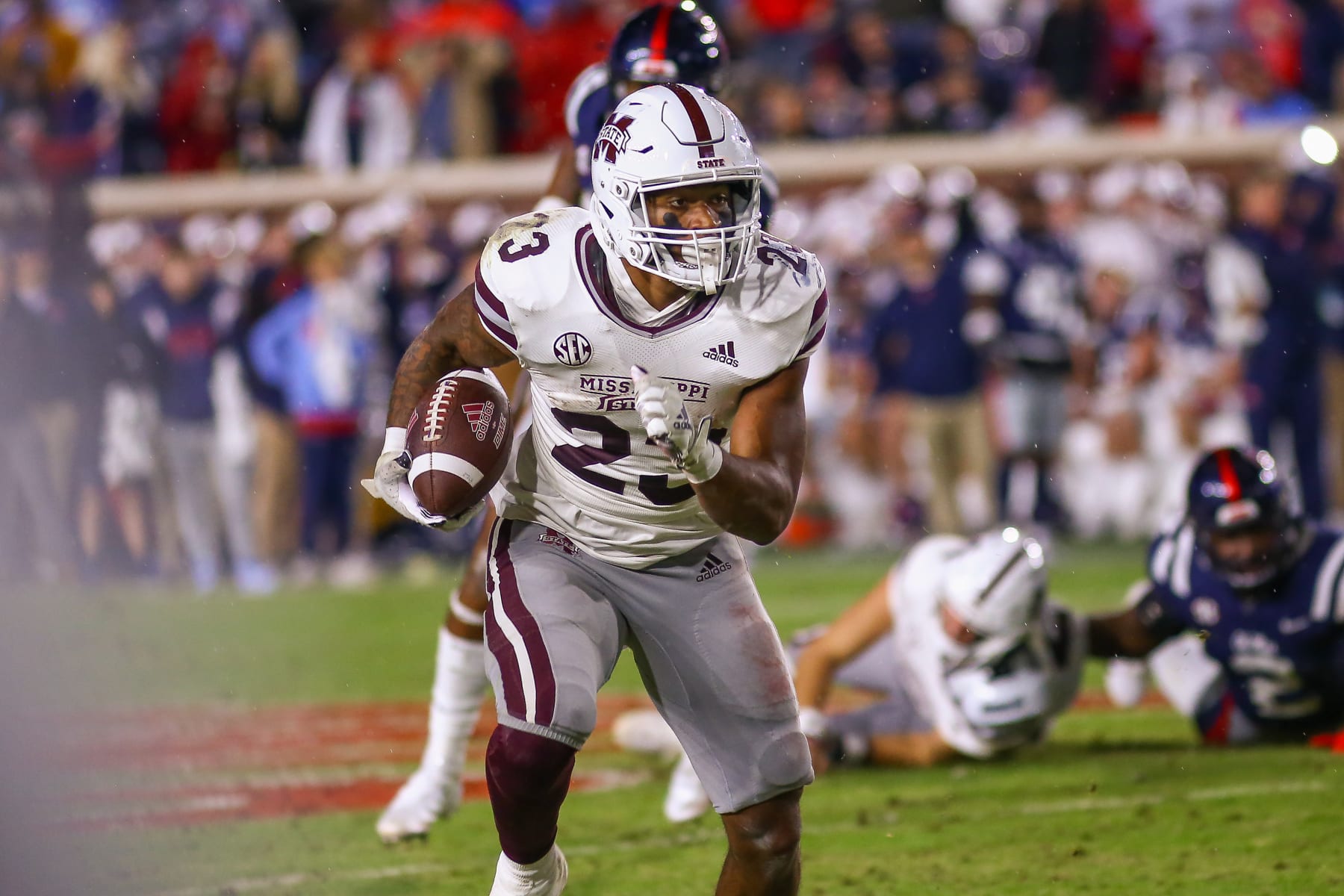OXFORD, MS - NOVEMBER 24: Mississippi State Bulldogs running back Dillon Johnson (23) runs during the game between the Ole Miss Rebels and the Mississippi State Bulldogs on November 24, 2022 at Vaught-Hemingway Stadium in Oxford, MS. (Photo by Chris McDill/Icon Sportswire via Getty Images)