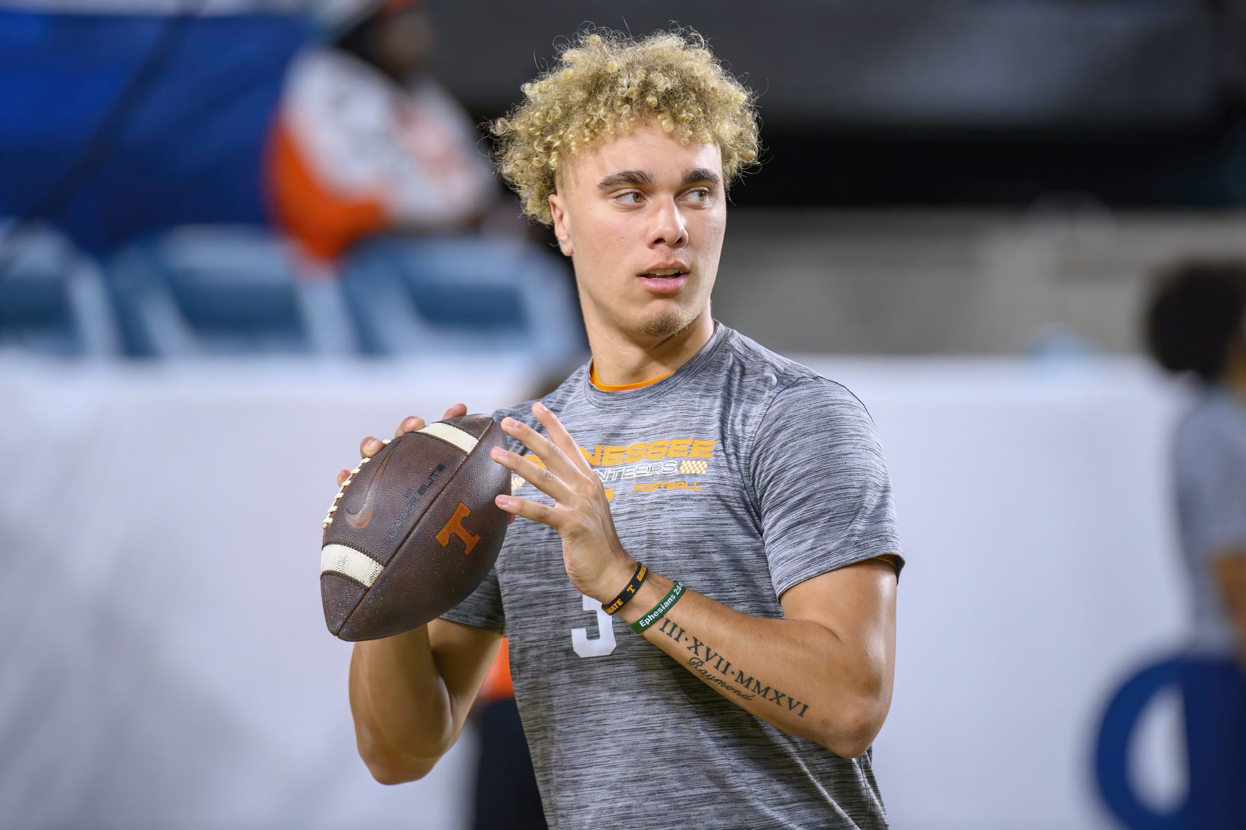 MIAMI GARDENS, FL - DECEMBER 30: Tennessee quarterback Tayven Jackson (3) throws the ball on the field before the Capital One Orange Bowl college football game between the Tennessee Volunteers and the Clemson Tigers on December 30, 2022 at the Hard Rock Stadium in Miami Gardens, FL. (Photo by Doug Murray/Icon Sportswire via Getty Images)