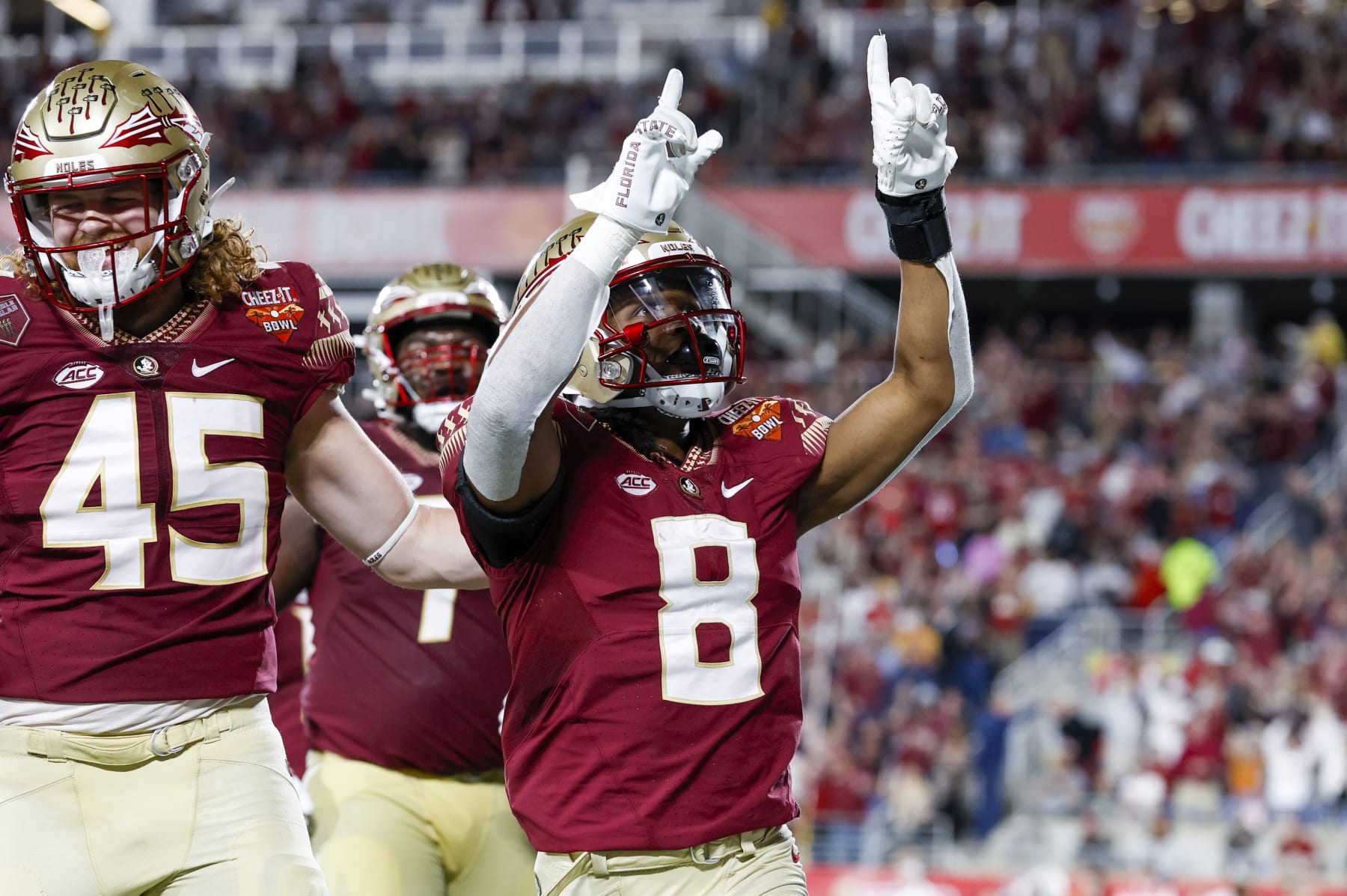 ORLANDO, FL - DECEMBER 29: Florida State Seminoles running back Treshaun Ward (8) reacts after scoring during the Cheez-It Bowl between the Florida State Seminoles and Oklahoma Sooners on December 29, 2022 at Camping World Stadium in Orlando, Fl. (Photo by David Rosenblum/Icon Sportswire via Getty Images)