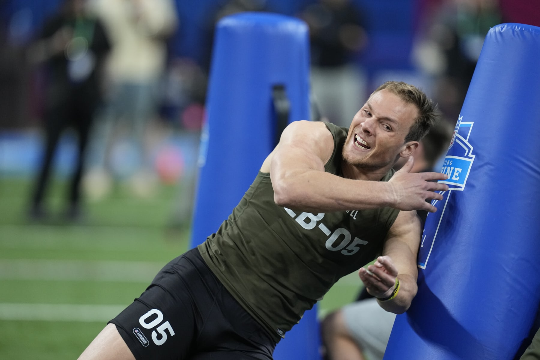 Iowa linebacker Jack Campbell runs a drill at the NFL football scouting combine in Indianapolis, Thursday, March 2, 2023. (AP Photo/Darron Cummings)