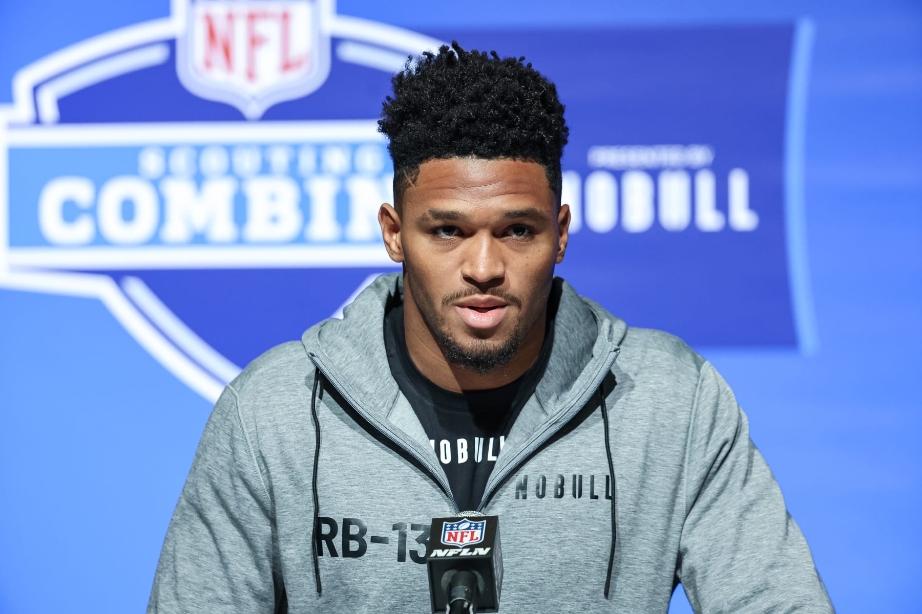 INDIANAPOLIS, IN - MARCH 04: Running back Roschon Johnson of Texas speaks to the media during the NFL Combine at Lucas Oil Stadium on March 4, 2023 in Indianapolis, Indiana. (Photo by Michael Hickey/Getty Images)