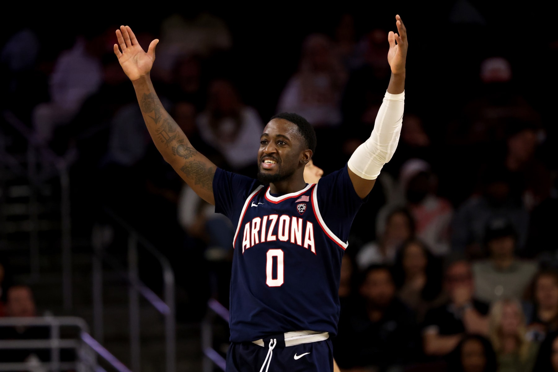 LOS ANGELES, CALIFORNIA - MARCH 02: Courtney Ramey #0 of the Arizona Wildcats reacts to a play during the second half against the USC Trojans at Galen Center on March 02, 2023 in Los Angeles, California. (Photo by Katelyn Mulcahy/Getty Images)