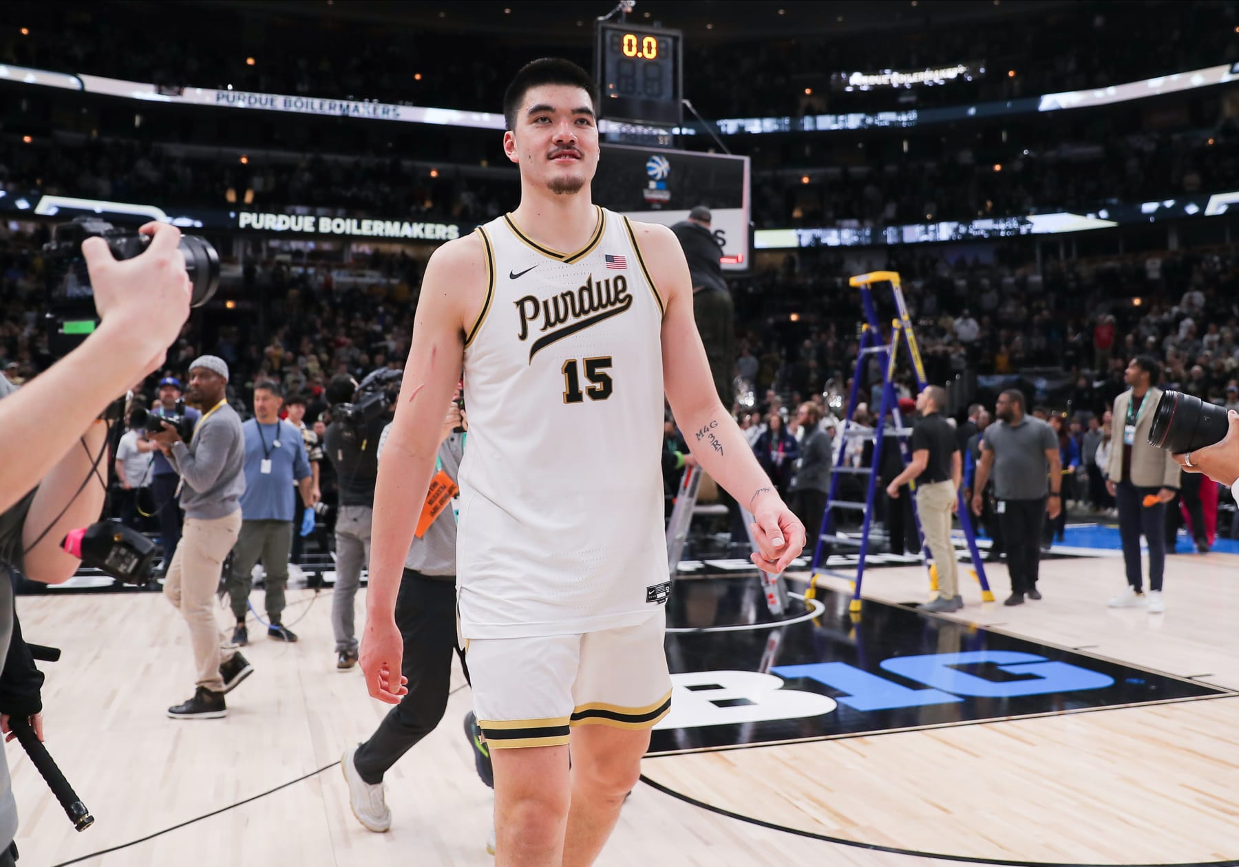 CHICAGO, IL - MARCH 12: Purdue Boilermakers center Zach Edey (15) looks on after the Big Ten Conference Men's Basketball Tournament championship game between the Purdue Boilermakers and the Penn State Nittany Lions on March 12, 2023, at the United Center in Chicago, IL. (Photo by Melissa Tamez/Icon Sportswire via Getty Images)