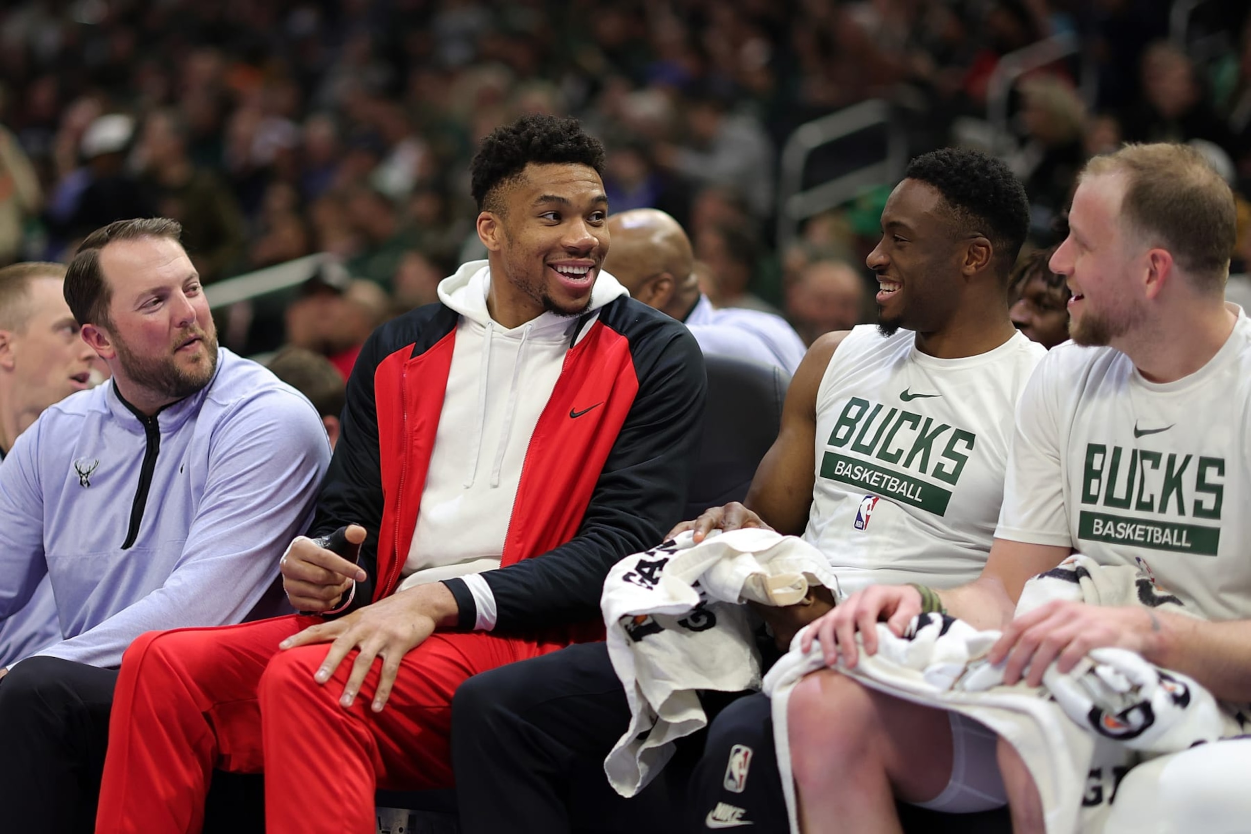 MILWAUKEE, WISCONSIN - MARCH 09: Giannis Antetokounmpo #34 of the Milwaukee Bucks sits on the bench during the first half of a game against the Brooklyn Nets at Fiserv Forum on March 09, 2023 in Milwaukee, Wisconsin. NOTE TO USER: User expressly acknowledges and agrees that, by downloading and or using this photograph, User is consenting to the terms and conditions of the Getty Images License Agreement. (Photo by Stacy Revere/Getty Images)