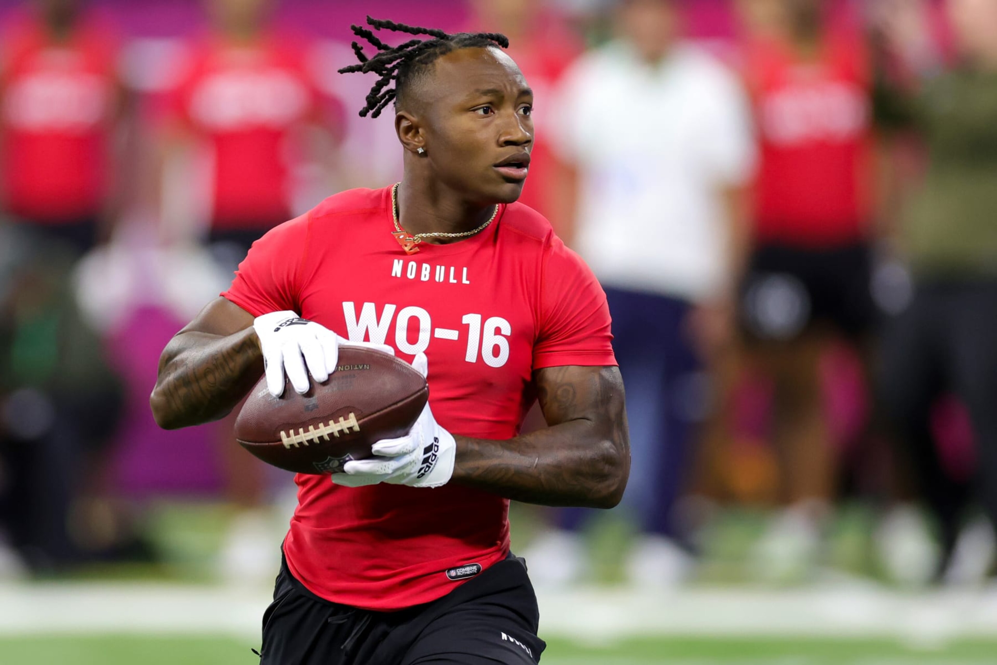 INDIANAPOLIS, INDIANA - MARCH 04: Wide receiver Zay Flowers of Boston College participates in a drill during the NFL Combine at Lucas Oil Stadium on March 04, 2023 in Indianapolis, Indiana. (Photo by Stacy Revere/Getty Images)