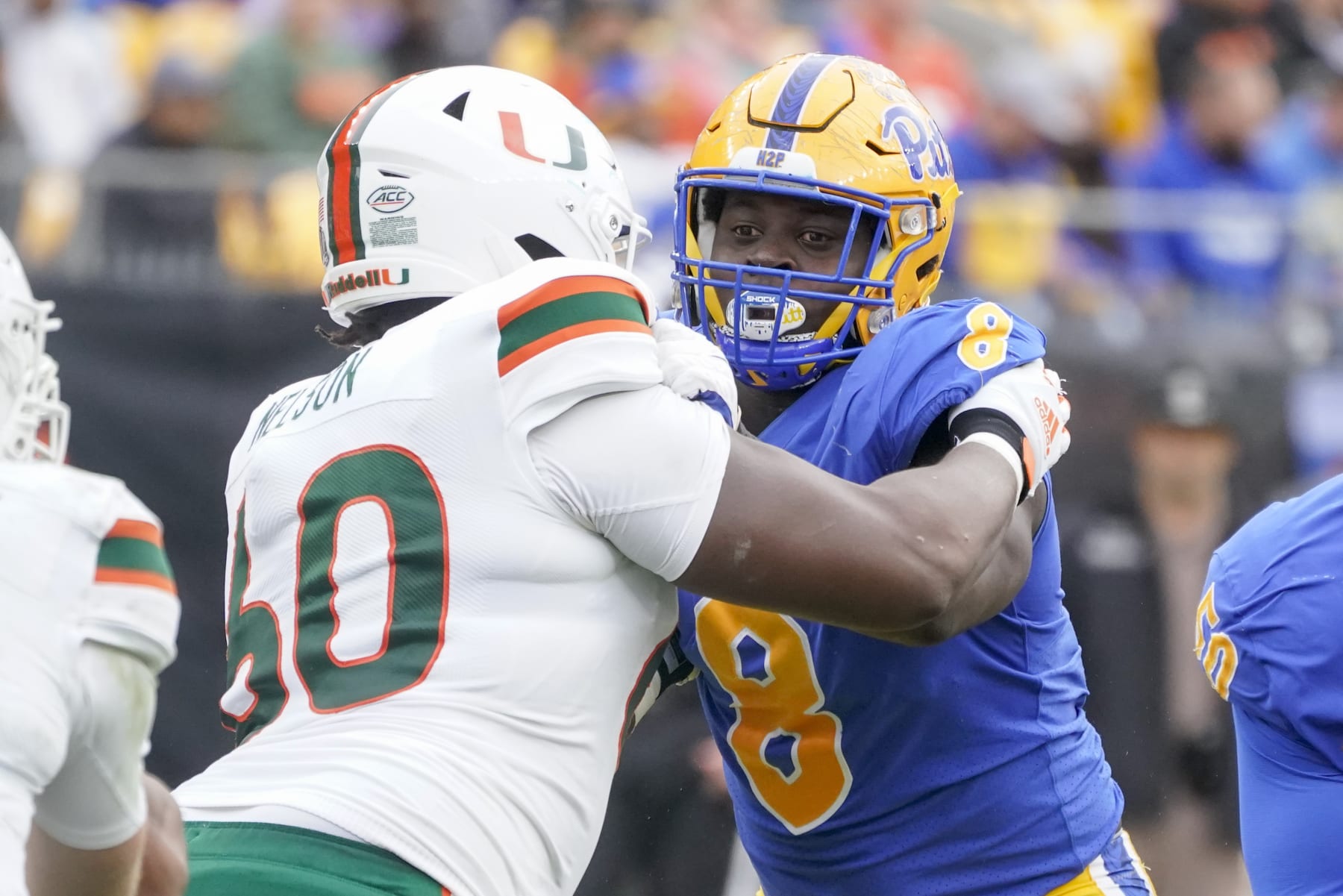Pittsburgh defensive lineman Calijah Kancey (8) plays against Miami during an NCAA college football game, Saturday, Oct. 30, 2021, in Pittsburgh. (AP Photo/Keith Srakocic)