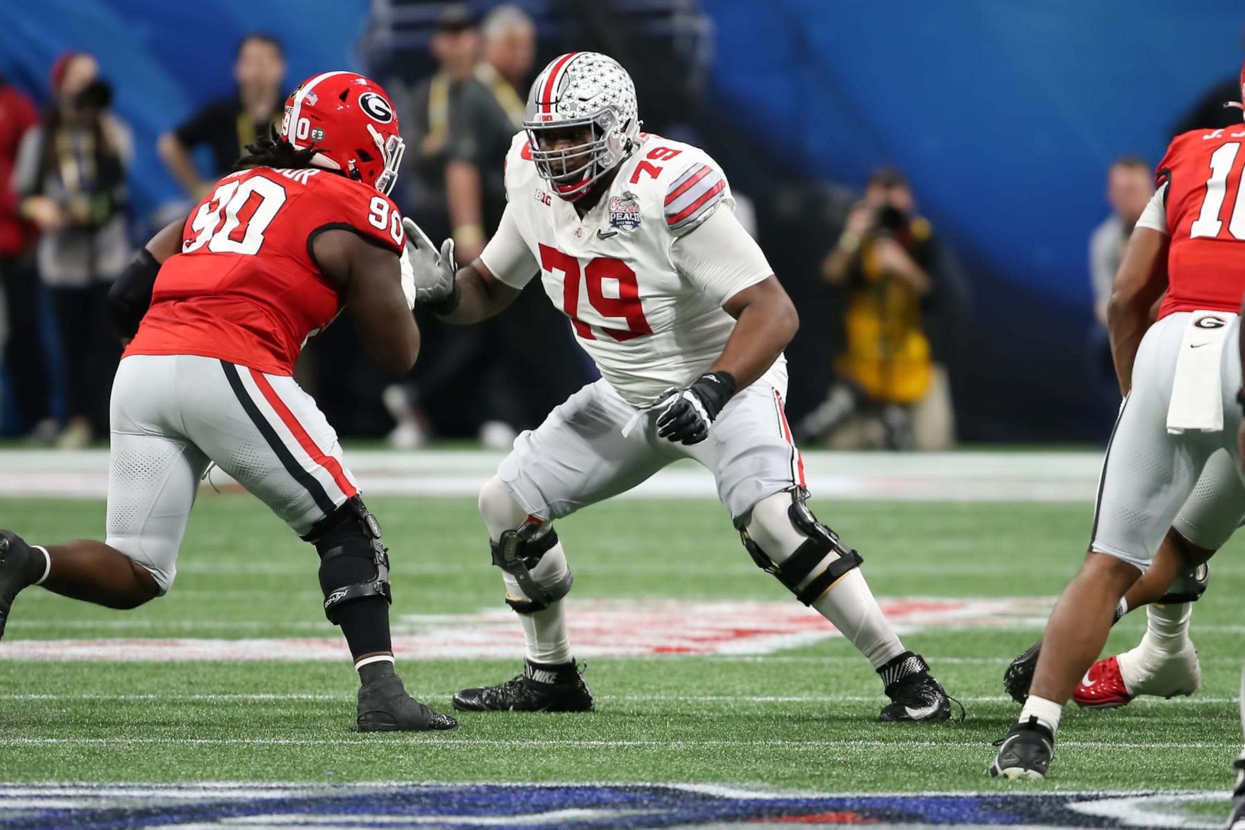 ATLANTA, GA - DECEMBER 31: Ohio State Buckeyes offensive lineman Dawand Jones (79) during the college football Playoff Semifinal game at the Chick-fil-a Peach Bowl between the Georgia Bulldogs and the Ohio State Buckeyes on December 31, 2022 at Mercedes-Benz Stadium in Atlanta, Georgia.  (Photo by Michael Wade/Icon Sportswire via Getty Images)