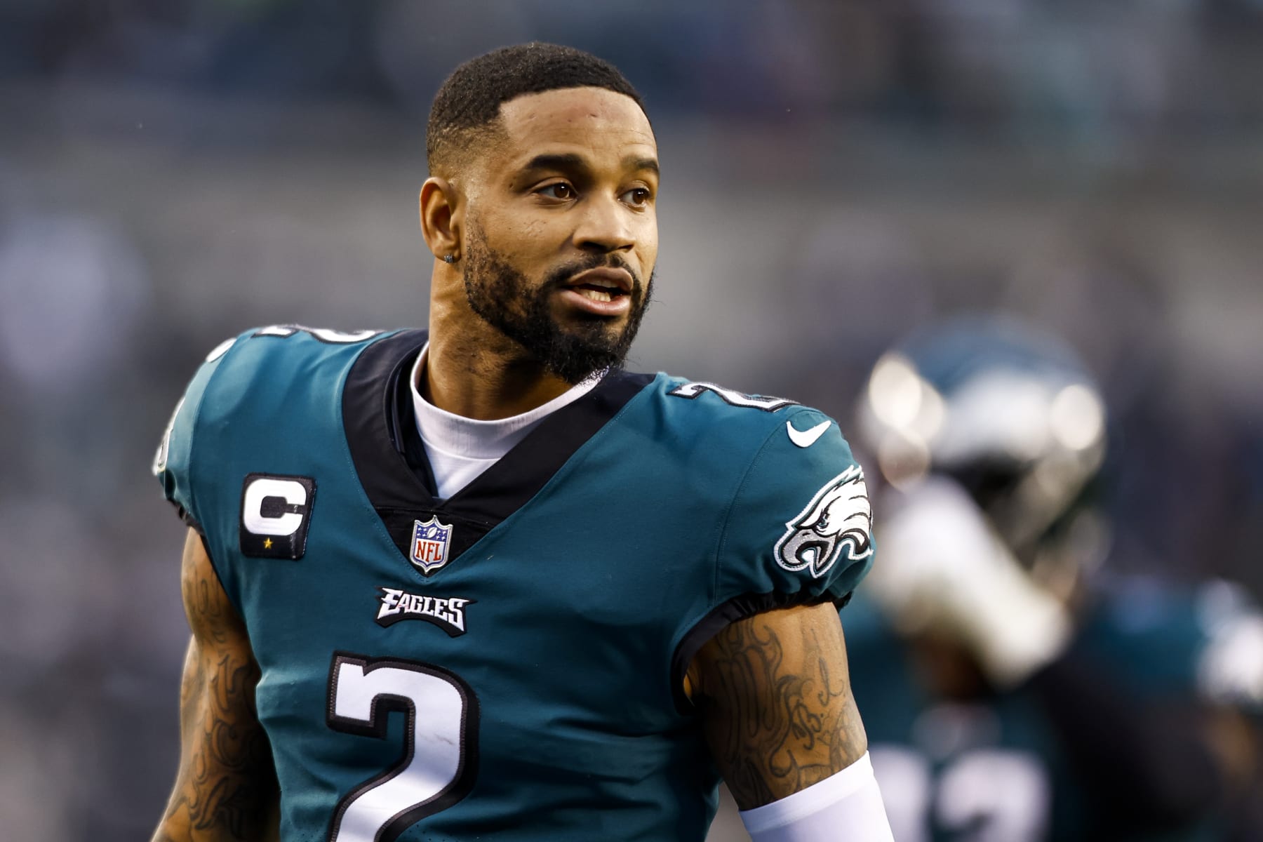 PHILADELPHIA, PA - JANUARY 29: Darius Slay #2 of the Philadelphia Eagles walks to the locker room during halftime of the NFC Championship NFL football game against the San Francisco 49ers at Lincoln Financial Field on January 29, 2023 in Philadelphia, Pennsylvania. (Photo by Kevin Sabitus/Getty Images)