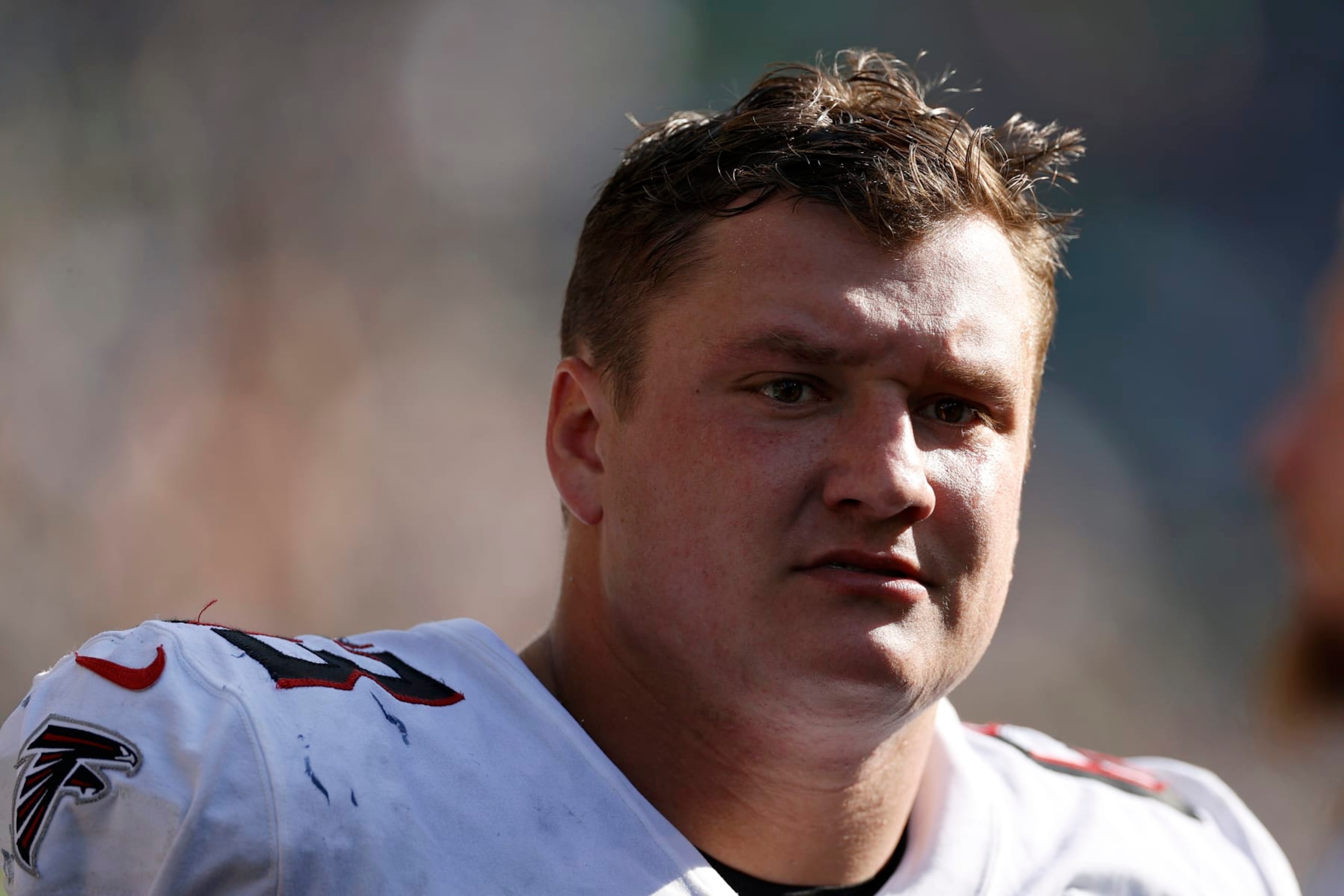 SEATTLE, WASHINGTON - SEPTEMBER 25: Chris Lindstrom #63 of the Atlanta Falcons looks on during the third quarter against the Seattle Seahawks at Lumen Field on September 25, 2022 in Seattle, Washington. (Photo by Steph Chambers/Getty Images)