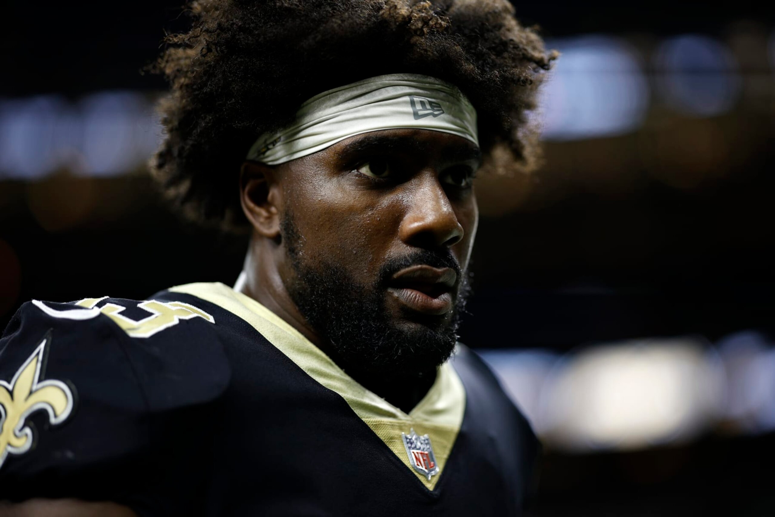 NEW ORLEANS, LOUISIANA - OCTOBER 09: David Onyemata #93 of the New Orleans Saints looks on during the game against the Seattle Seahawks at Caesars Superdome on October 09, 2022 in New Orleans, Louisiana. (Photo by Chris Graythen/Getty Images)