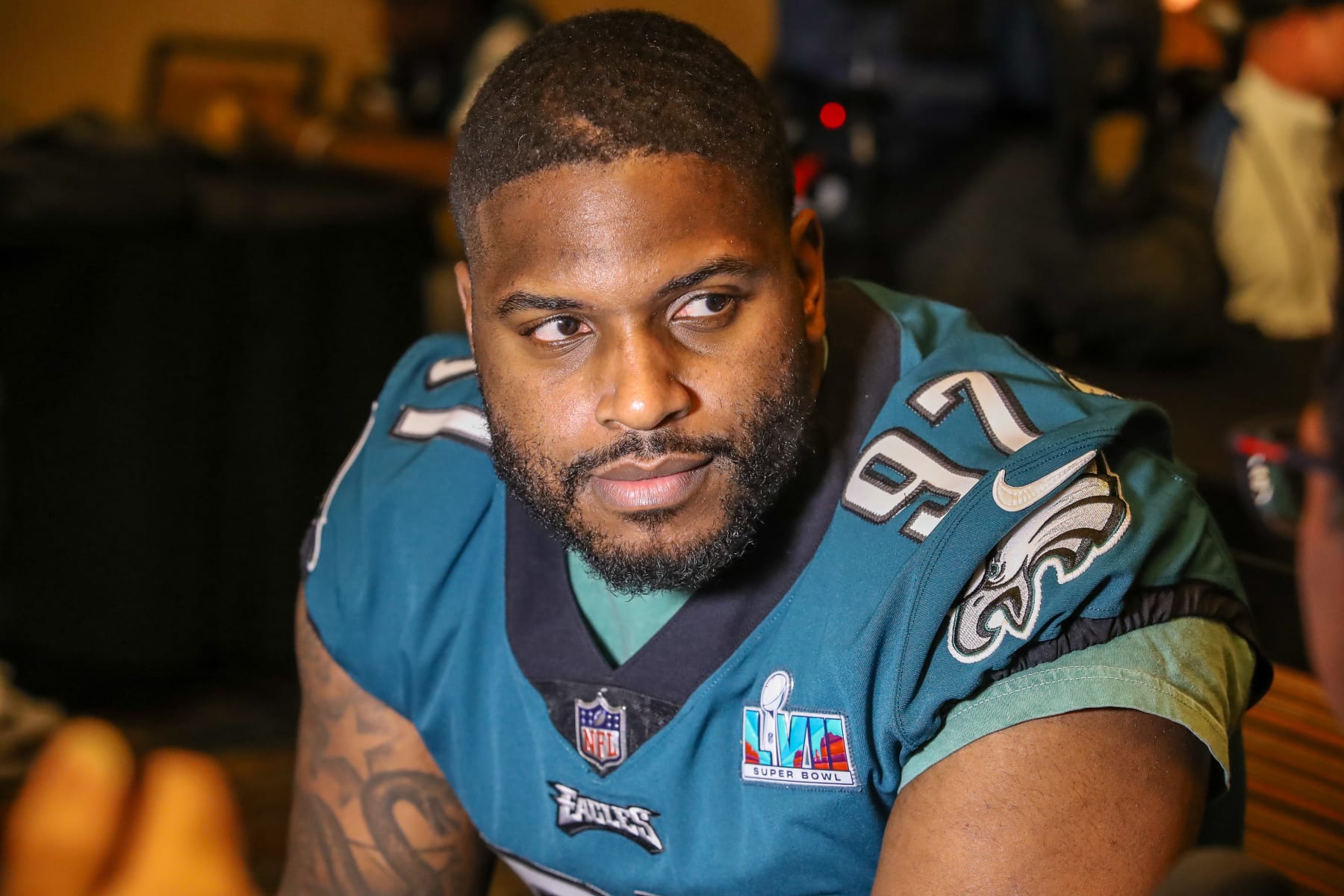 PHOENIX, AZ - FEBRUARY 09: Philadelphia Eagles defensive tackle Javon Hargrave (97) talks with the media during the Super Bowl LVII Eagles Media Availability at Sheraton Grand at Wild Horse Pass on Thursday February 9, 2023  in Phoenix.AZ.  (Photo by Jevone Moore/Icon Sportswire via Getty Images)