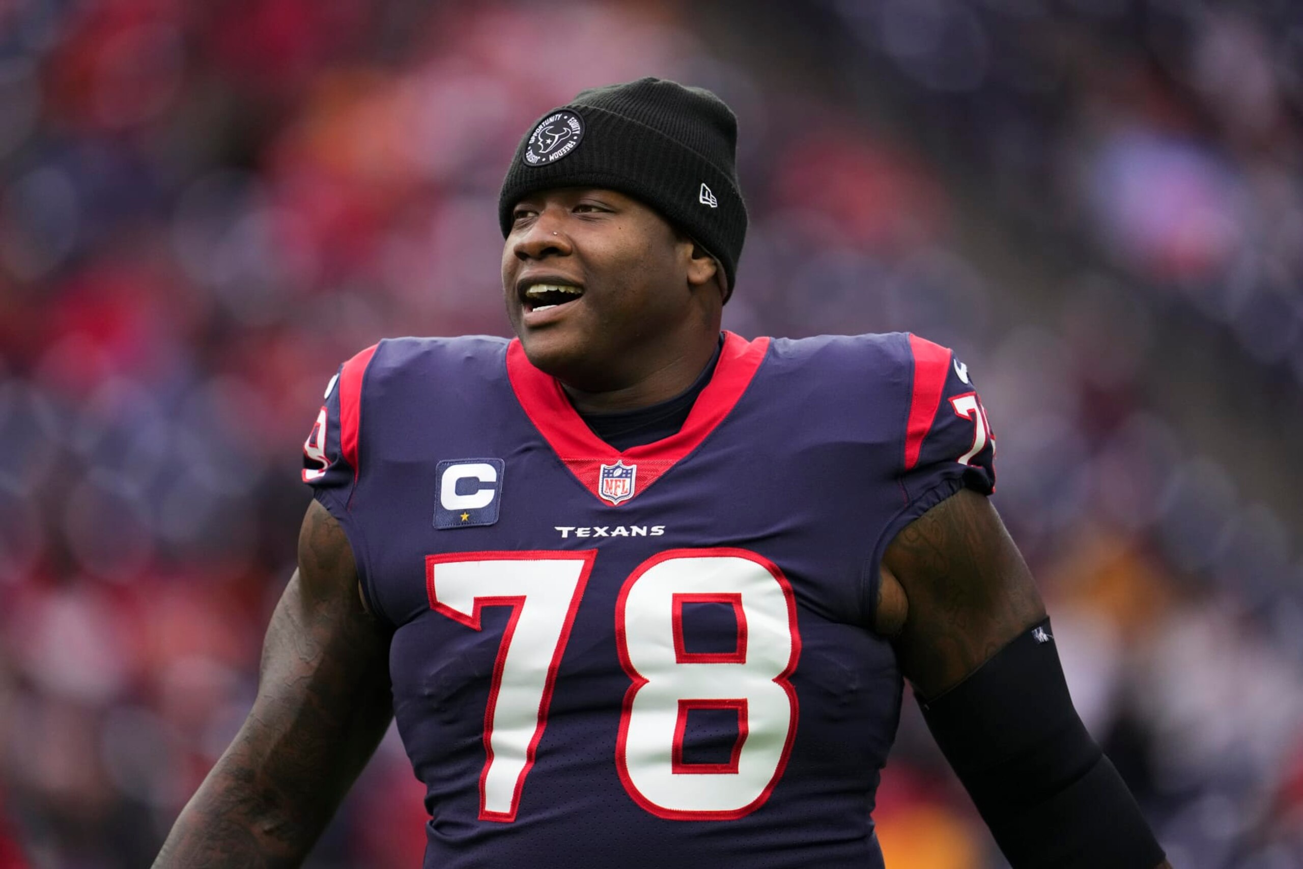 HOUSTON, TX - DECEMBER 18: Laremy Tunsil #78 of the Houston Texans runs onto the field during introductions against the Kansas City Chiefs at NRG Stadium on December 18, 2022 in Houston, Texas. (Photo by Cooper Neill/Getty Images)