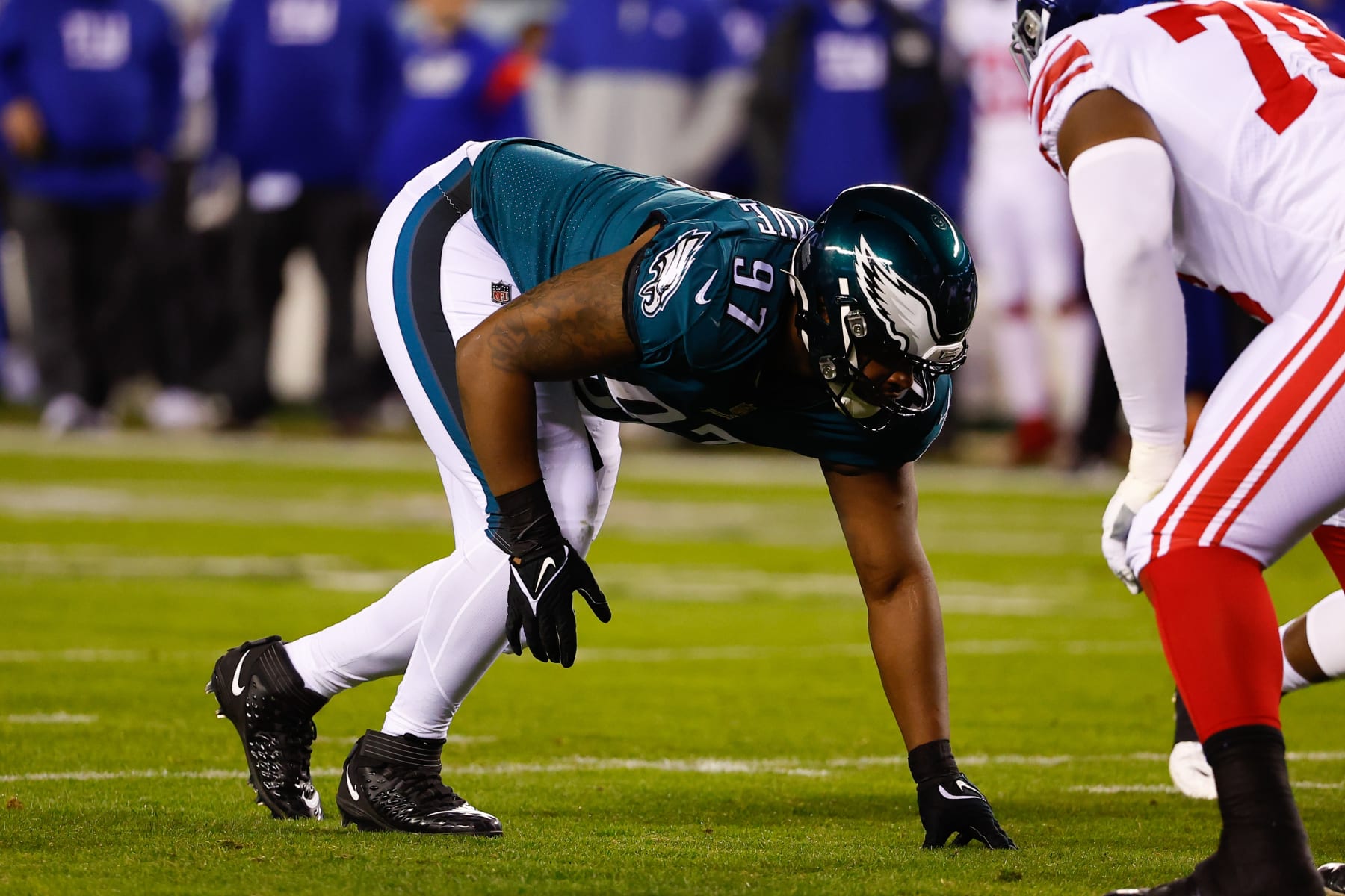 PHILADELPHIA, PA - JANUARY 21:  Philadelphia Eagles defensive tackle Javon Hargrave (97) during the NFC Divisional playoff game between the Philadelphia Eagles and the New York Giants on January 21, 2023 at Lincoln Financial Field in Philadelphia, Pennsylvania.  (Photo by Rich Graessle/Icon Sportswire via Getty Images)