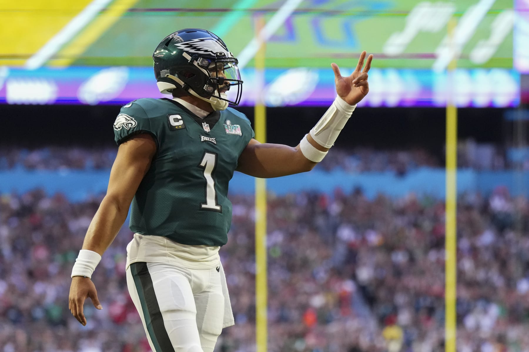 GLENDALE, AZ - FEBRUARY 12: Jalen Hurts #1 of the Philadelphia Eagles celebrates against the Kansas City Chiefs after Super Bowl LVII at State Farm Stadium on February 12, 2023 in Glendale, Arizona. The Chiefs defeated the Eagles 38-35. (Photo by Cooper Neill/Getty Images)