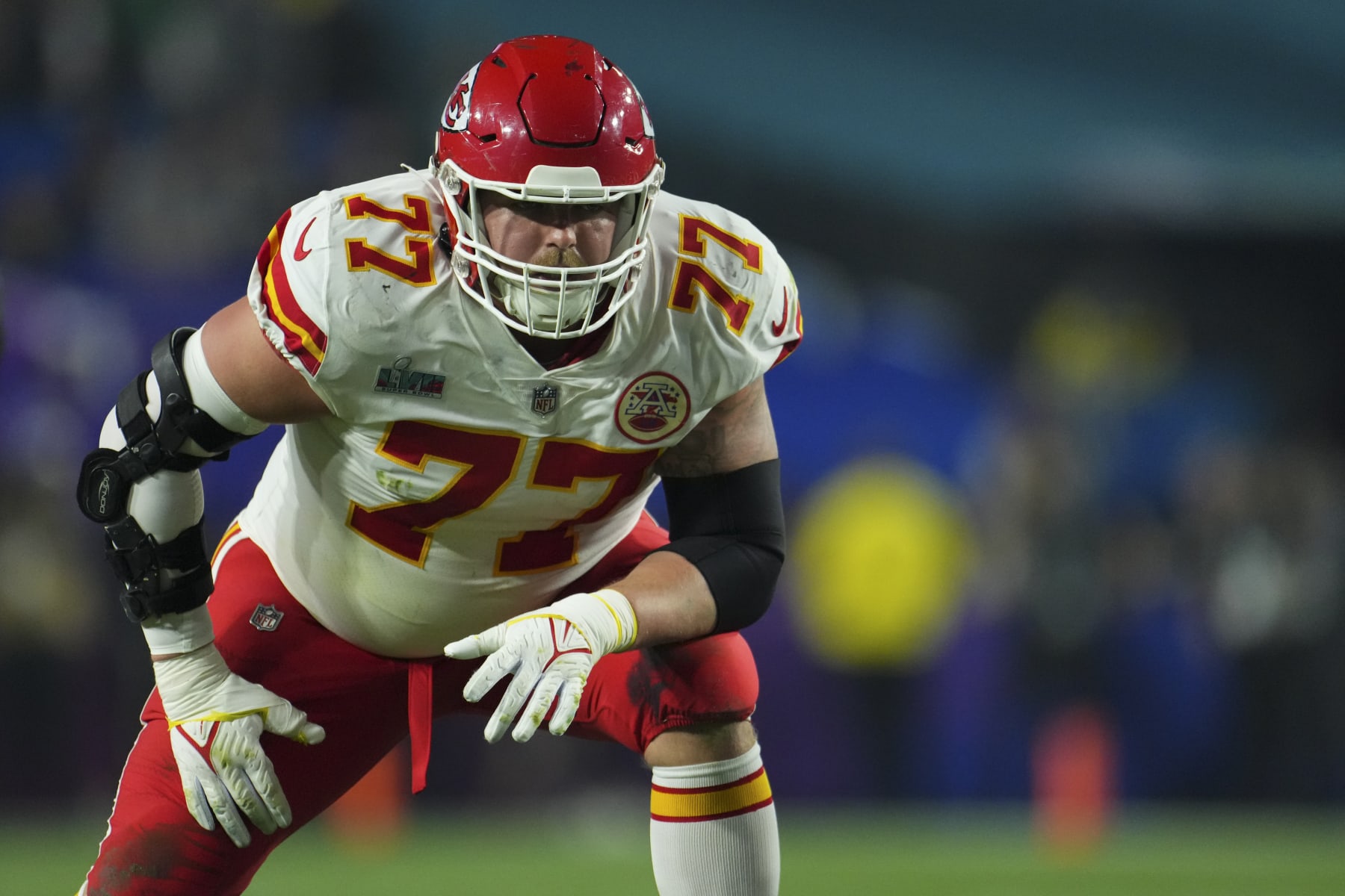 GLENDALE, AZ - FEBRUARY 12: Andrew Wylie #77 of the Kansas City Chiefs gets set against the Philadelphia Eagles after Super Bowl LVII at State Farm Stadium on February 12, 2023 in Glendale, Arizona. The Chiefs defeated the Eagles 38-35. (Photo by Cooper Neill/Getty Images)
