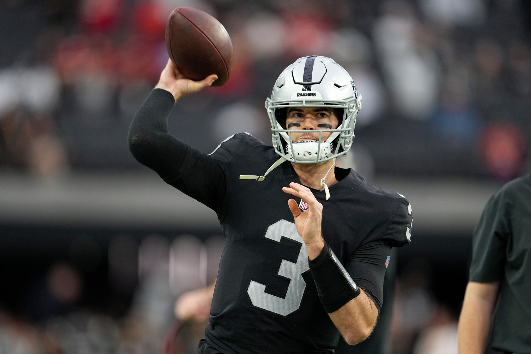 LAS VEGAS, NEVADA - JANUARY 07: Jarrett Stidham #3 of the Las Vegas Raiders warms up prior to playing the Kansas City Chiefs at Allegiant Stadium on January 07, 2023 in Las Vegas, Nevada. (Photo by Jeff Bottari/Getty Images)