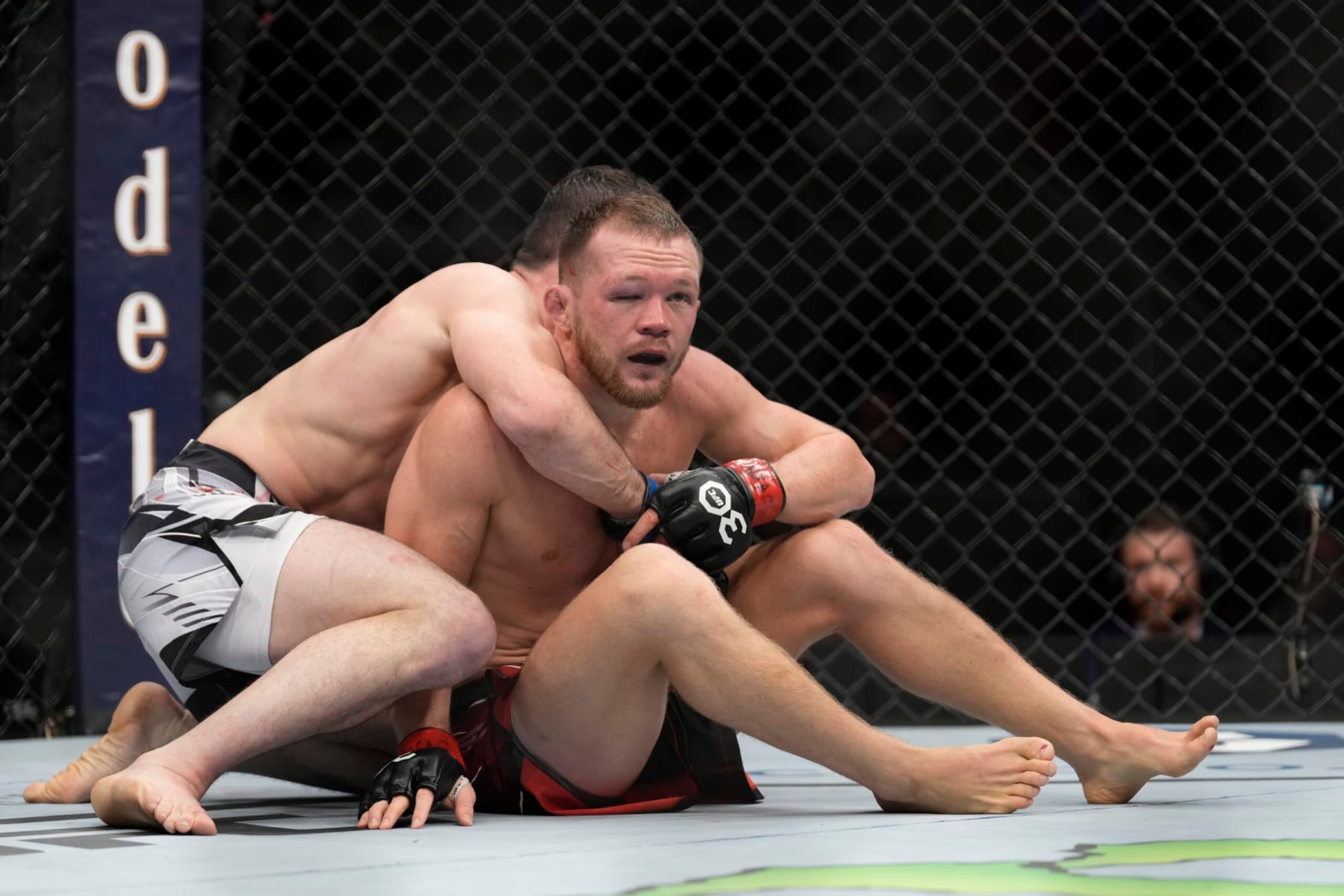 LAS VEGAS, NV - MARCH 11: (L-R) Merab Dvalishvili controls the body of Petr Yan in their Bantamweight fight during the UFC Fight Night: Yan vs. Dvalishvili event at The Theater at Virgin Hotels on March 11, 2023 in Las Vegas, NV, USA. (Photo by Louis Grasse/PxImages/Icon Sportswire via Getty Images)