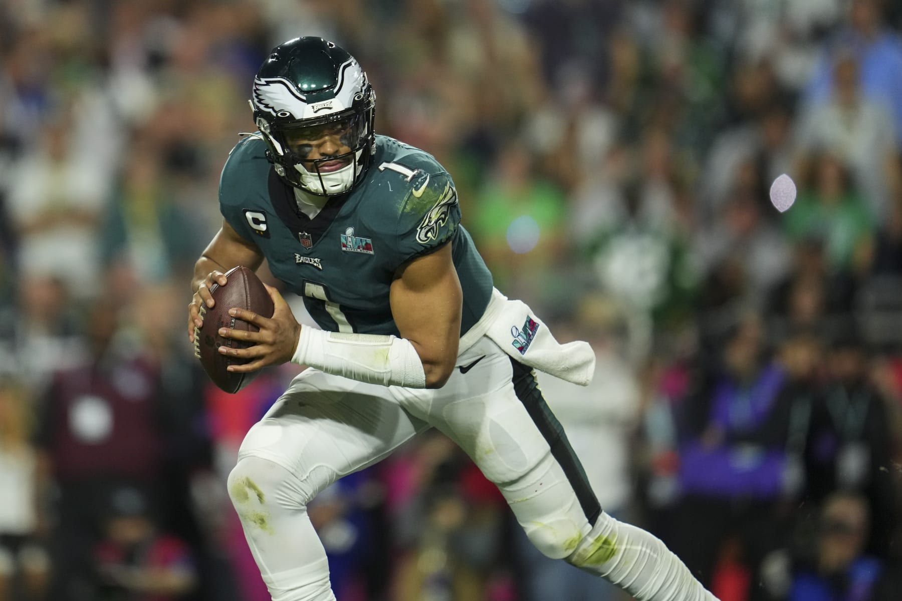 GLENDALE, AZ - FEBRUARY 12: Jalen Hurts #1 of the Philadelphia Eagles scrambles against the Kansas City Chiefs after Super Bowl LVII at State Farm Stadium on February 12, 2023 in Glendale, Arizona. The Chiefs defeated the Eagles 38-35. (Photo by Cooper Neill/Getty Images)