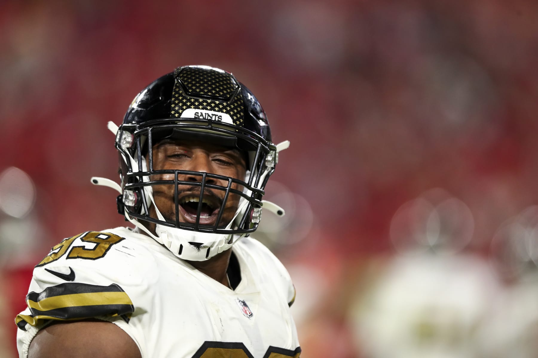 TAMPA, FL - DECEMBER 5: Shy Tuttle #99 of the New Orleans Saints celebrates after a sack during the fourth quarter of an NFL football game against the Tampa Bay Buccaneers at Raymond James Stadium on December 5, 2022 in Tampa, Florida. (Photo by Kevin Sabitus/Getty Images)
