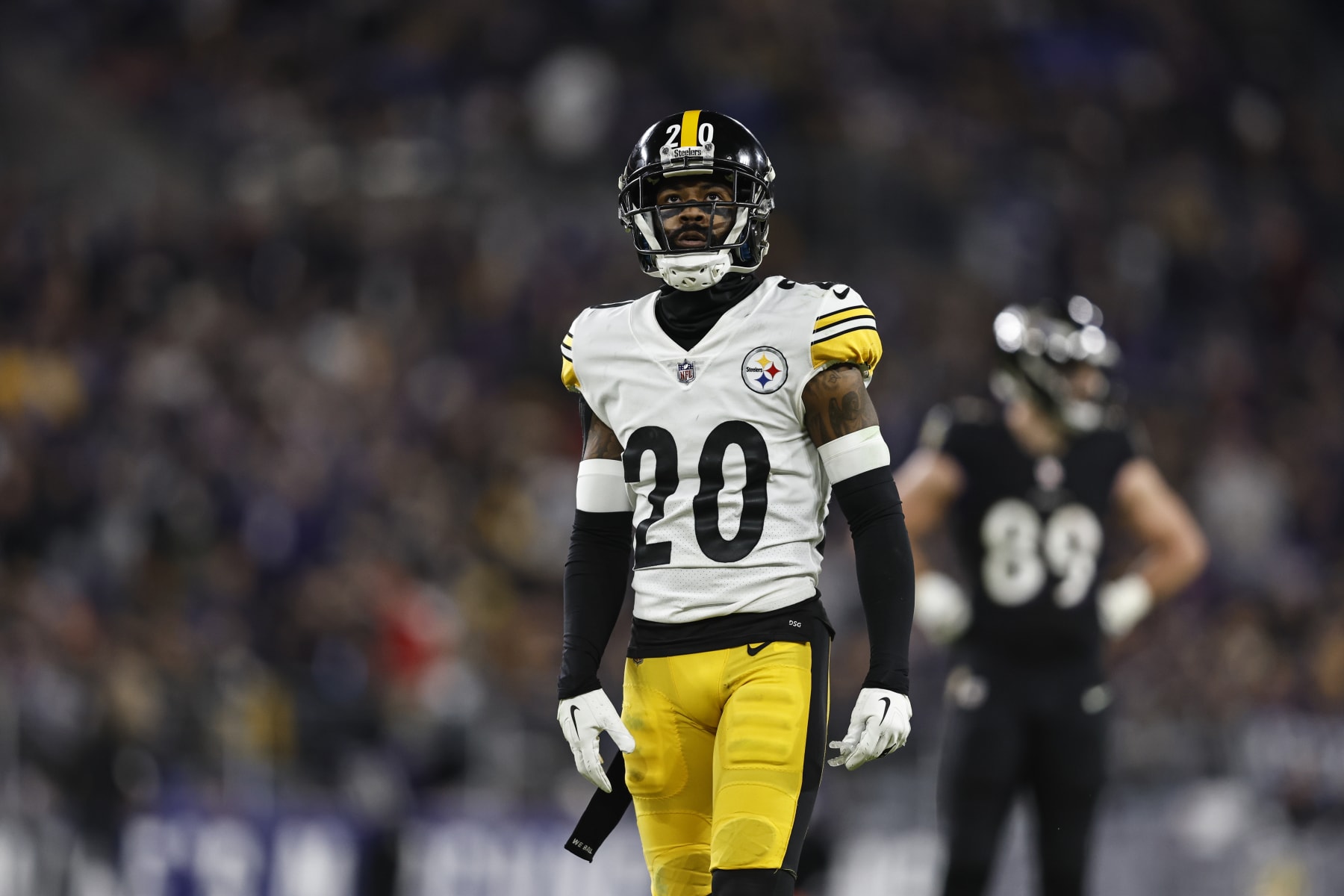 BALTIMORE, MARYLAND - JANUARY 01: Cameron Sutton #20 of the Pittsburgh Steelers looks on during an NFL football game between the Baltimore Ravens and the Pittsburgh Steelers at M&T Bank Stadium on January 01, 2023 in Baltimore, Maryland. (Photo by Michael Owens/Getty Images)