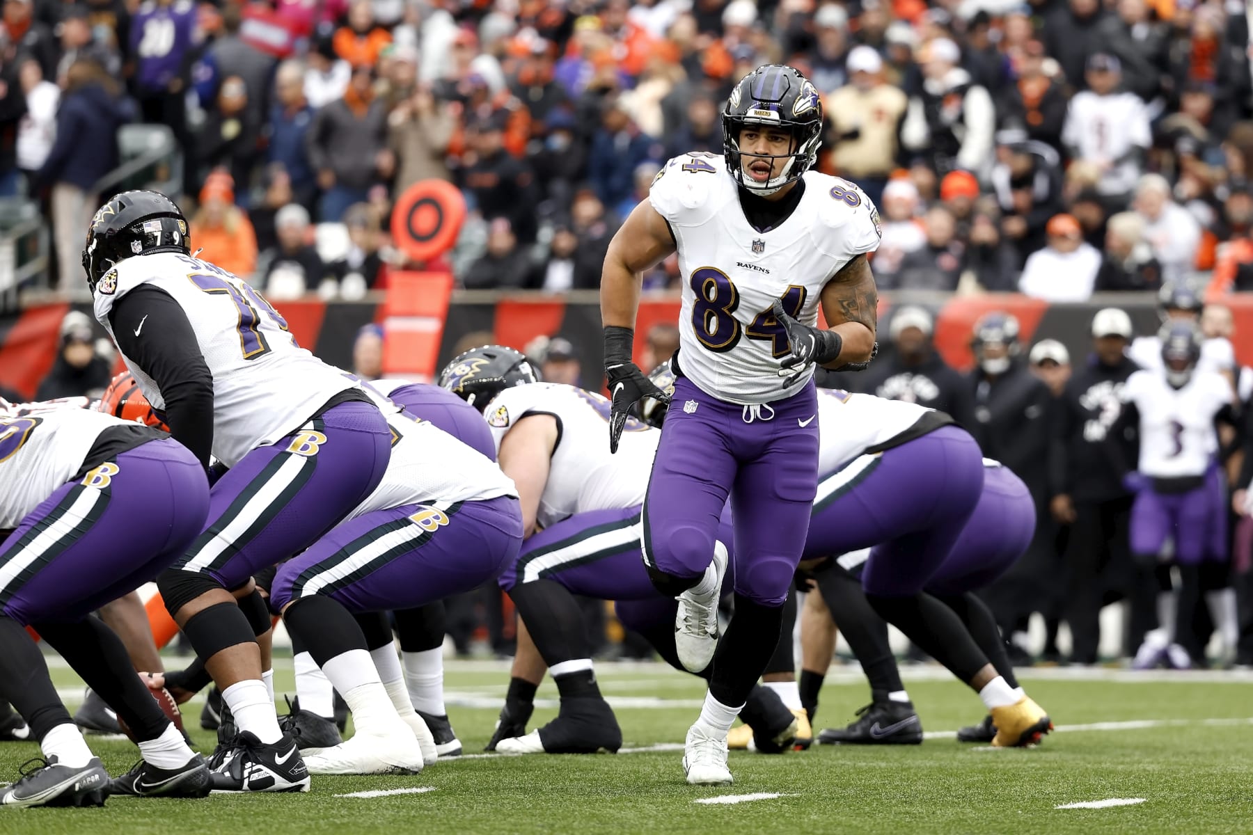 CINCINNATI, OH - JANUARY 08:  Josh Oliver #84 of the Baltimore Ravens runs up the line of scrimmage during the game against the Cincinnati Bengals at Paycor Stadium on January 8, 2023 in Cincinnati, Ohio. (Photo by Kirk Irwin/Getty Images)