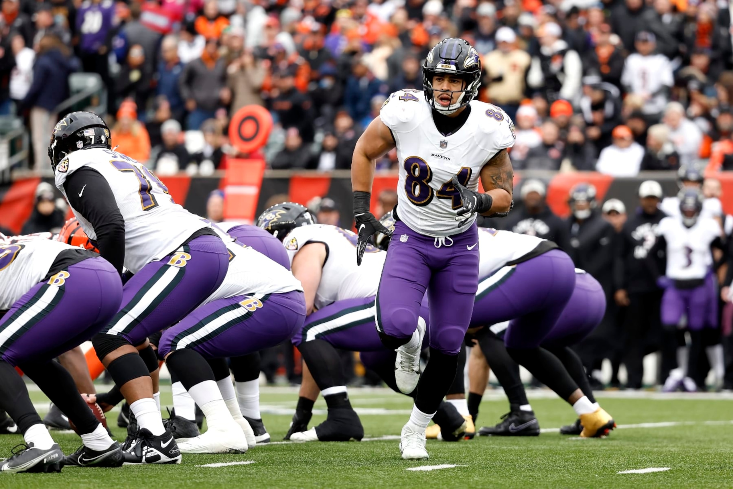 CINCINNATI, OH - JANUARY 08:  Josh Oliver #84 of the Baltimore Ravens runs up the line of scrimmage during the game against the Cincinnati Bengals at Paycor Stadium on January 8, 2023 in Cincinnati, Ohio. (Photo by Kirk Irwin/Getty Images)