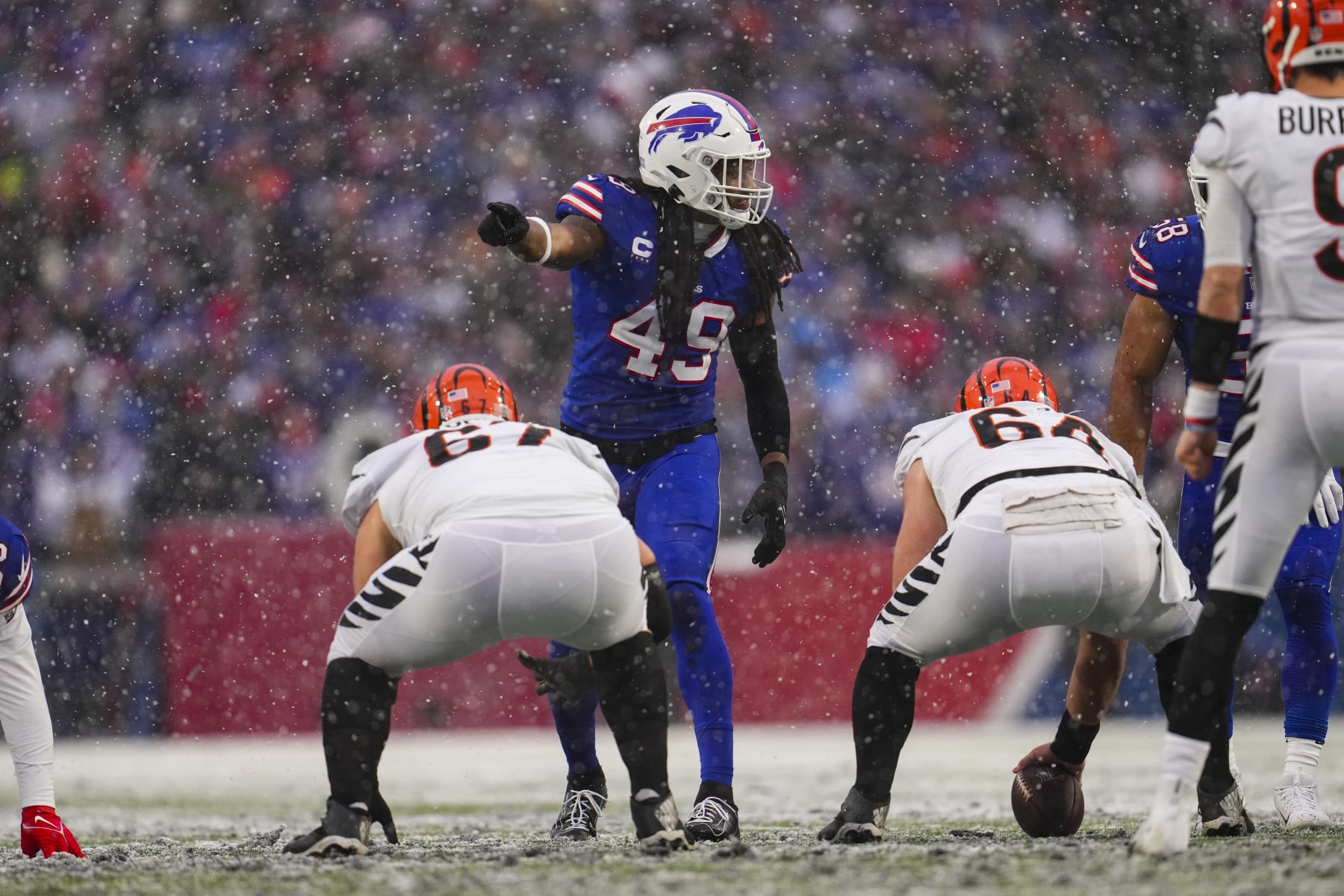 ORCHARD PARK, NY - JANUARY 22: Tremaine Edmunds #49 of the Buffalo Bills motions against the Cincinnati Bengals at Highmark Stadium on January 22, 2023 in Orchard Park, New York. (Photo by Cooper Neill/Getty Images)