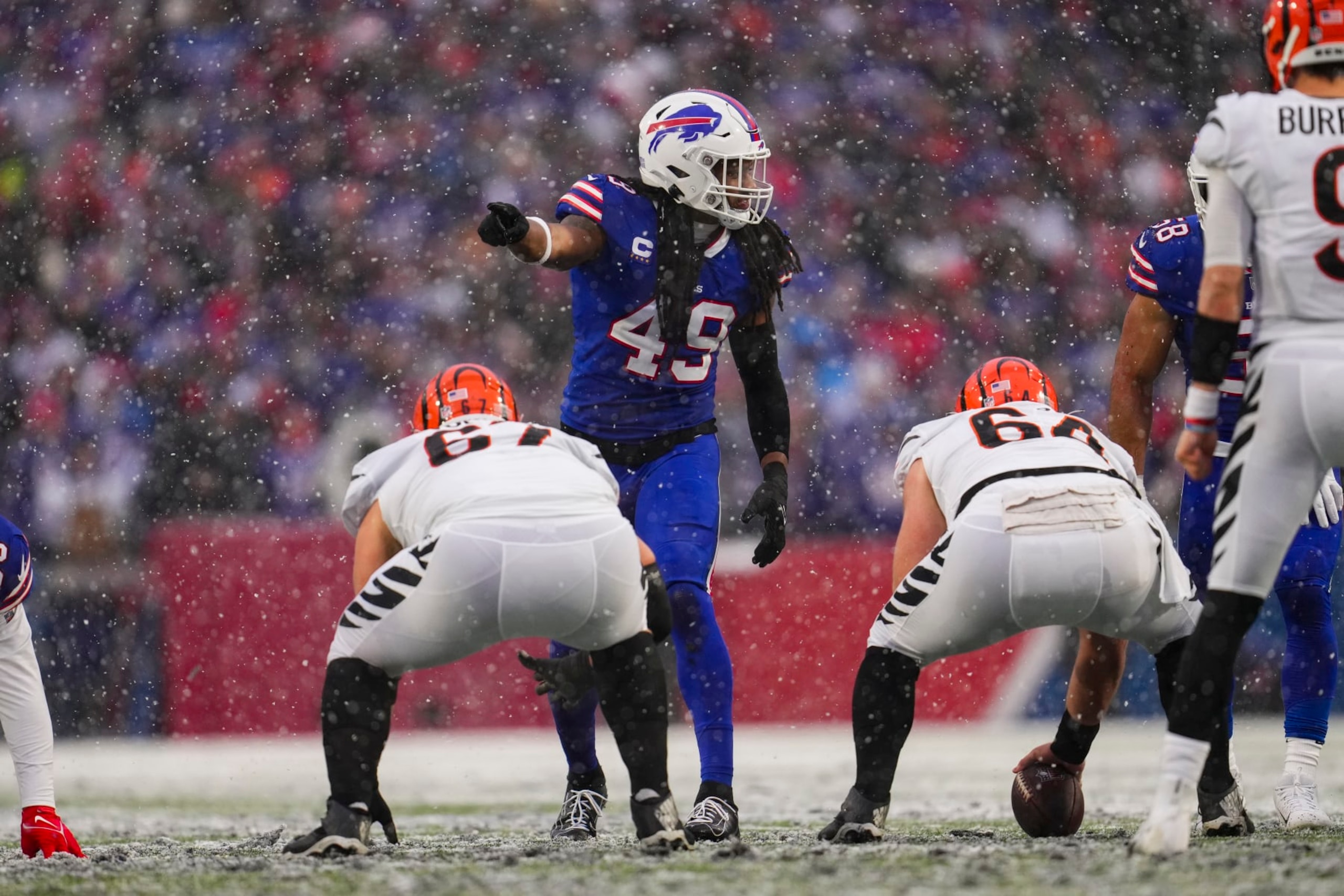 ORCHARD PARK, NY - JANUARY 22: Tremaine Edmunds #49 of the Buffalo Bills motions against the Cincinnati Bengals at Highmark Stadium on January 22, 2023 in Orchard Park, New York. (Photo by Cooper Neill/Getty Images)