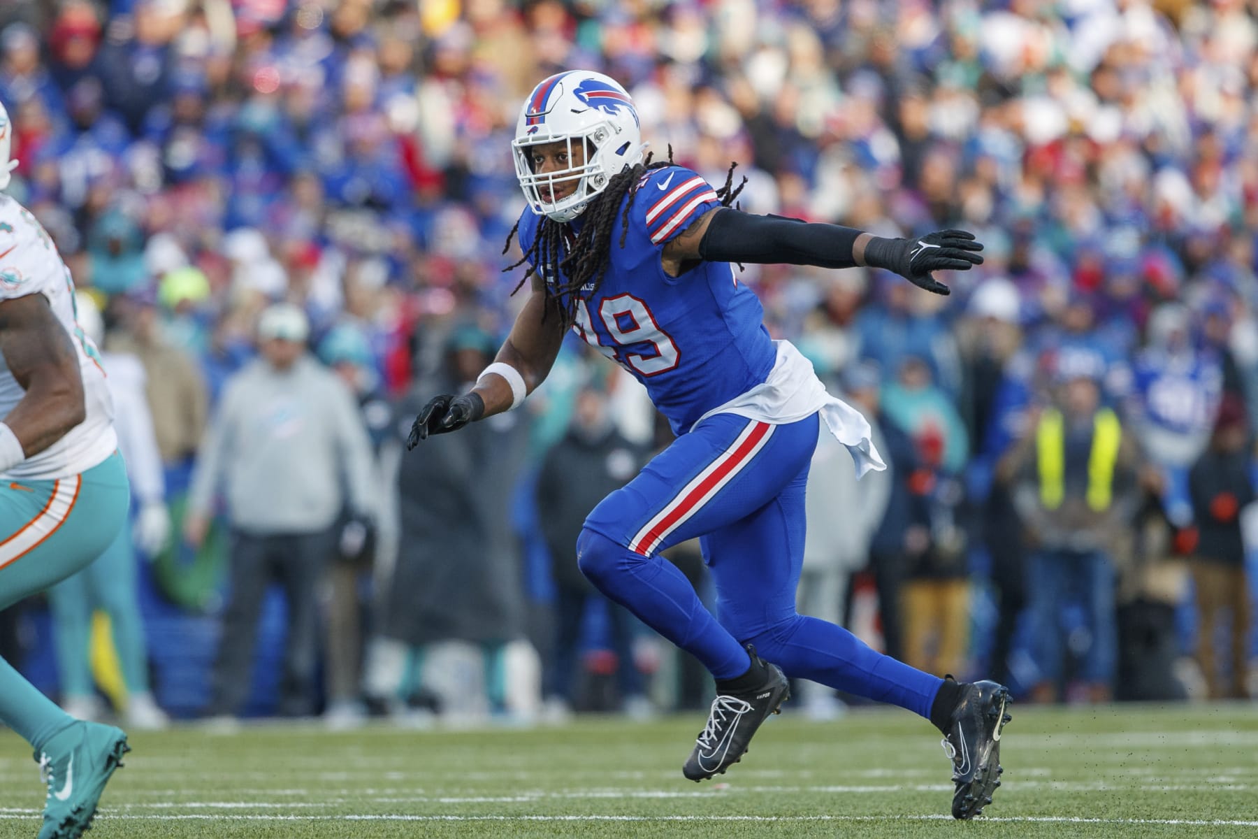 Buffalo Bills linebacker Tremaine Edmunds (49) defends during an NFL wild-card football game Sunday, Jan. 15, 2023, in Orchard Park, NY. (AP Photo/Matt Durisko)