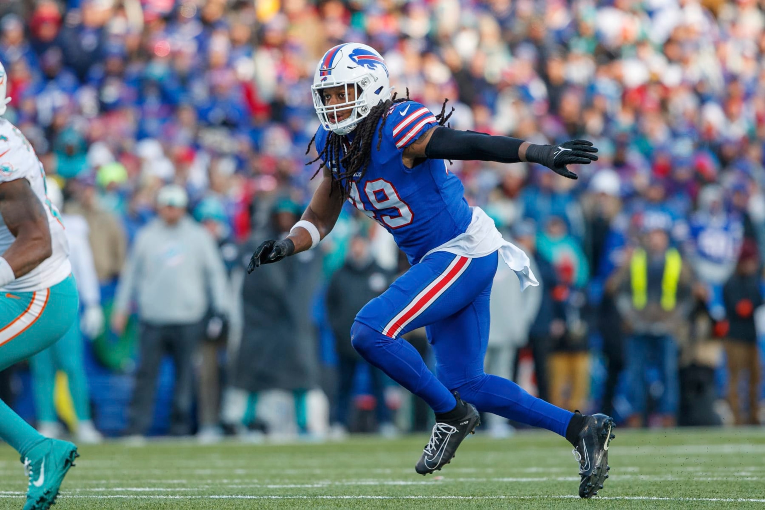 Buffalo Bills linebacker Tremaine Edmunds (49) defends during an NFL wild-card football game Sunday, Jan. 15, 2023, in Orchard Park, NY. (AP Photo/Matt Durisko)