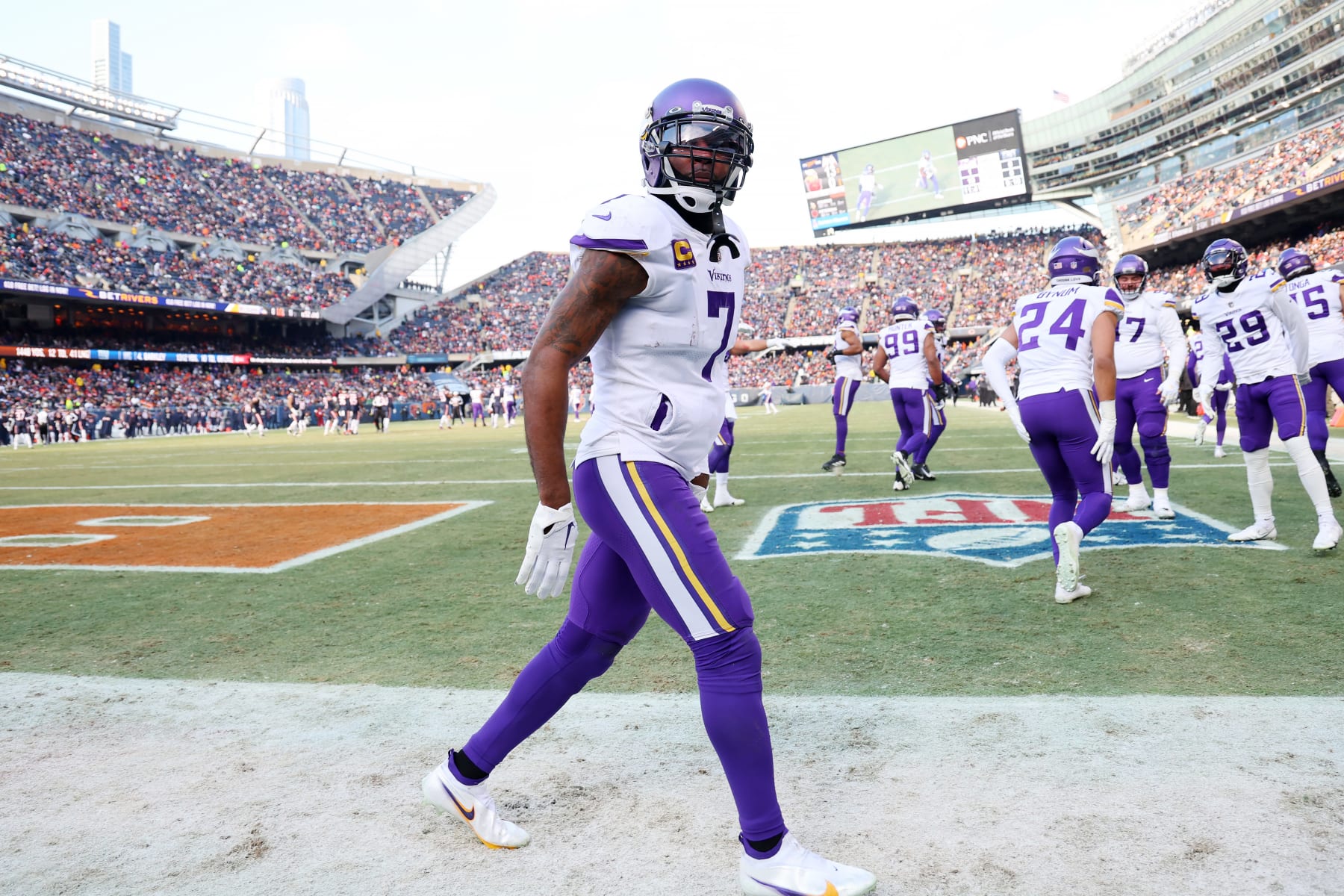 CHICAGO, ILLINOIS - JANUARY 08: Patrick Peterson #7 of the Minnesota Vikings celebrates an interception in the second quarter of a game against the Chicago Bears at Soldier Field on January 08, 2023 in Chicago, Illinois. (Photo by Michael Reaves/Getty Images)