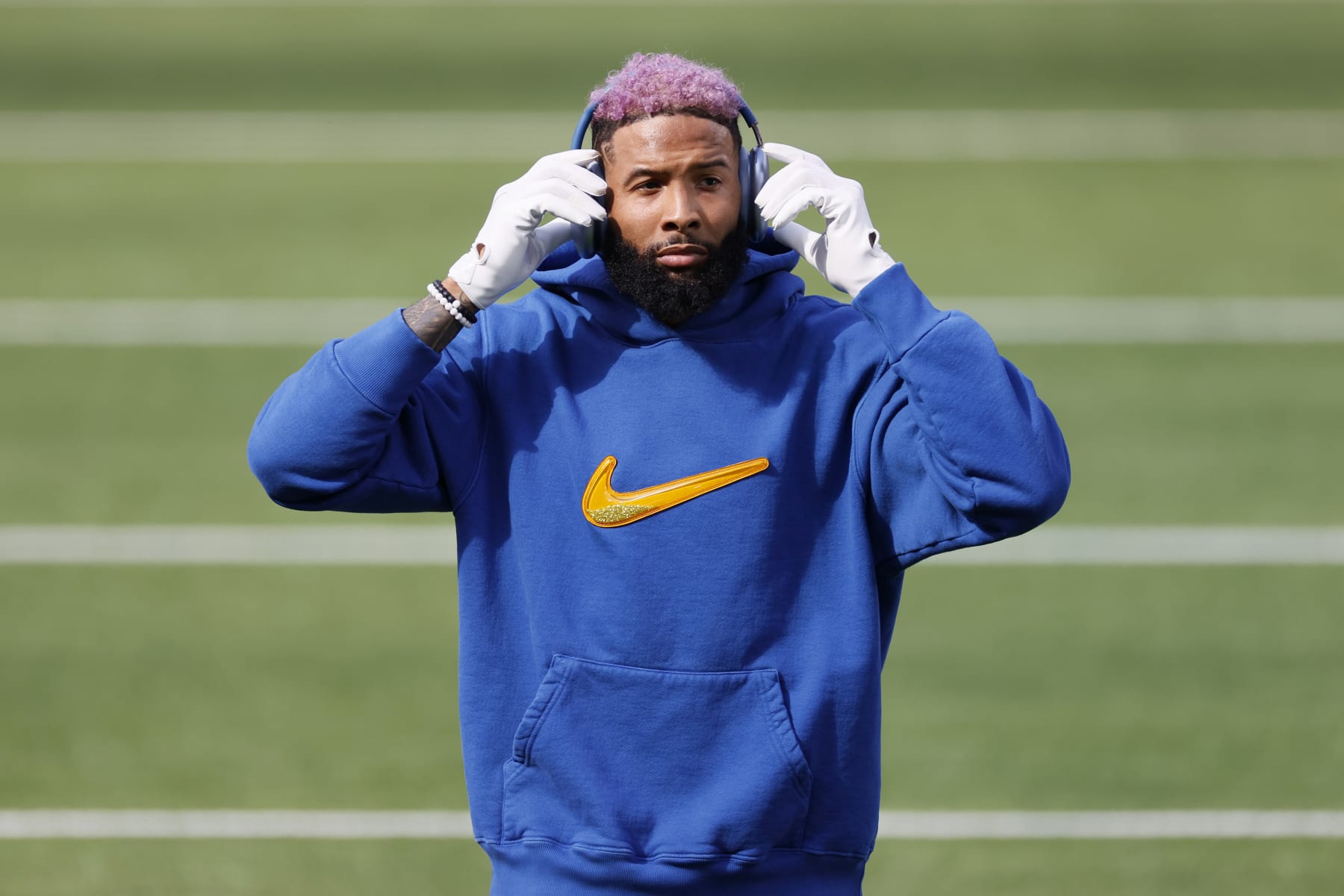 INGLEWOOD, CALIFORNIA - FEBRUARY 13: Odell Beckham Jr. #3 warms up during Super Bowl LVI at SoFi Stadium on February 13, 2022 in Inglewood, California. (Photo by Steph Chambers/Getty Images)