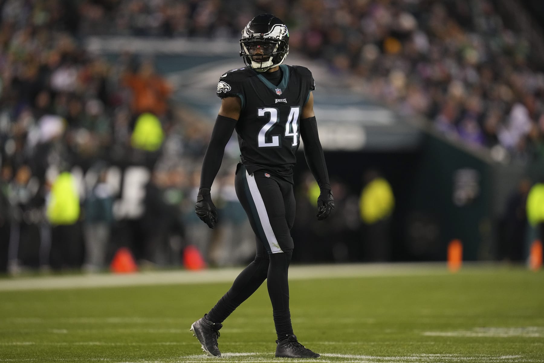 PHILADELPHIA, PA - JANUARY 08: James Bradberry #24 of the Philadelphia Eagles looks on against the New York Giants at Lincoln Financial Field on January 8, 2023 in Philadelphia, Pennsylvania. (Photo by Mitchell Leff/Getty Images)