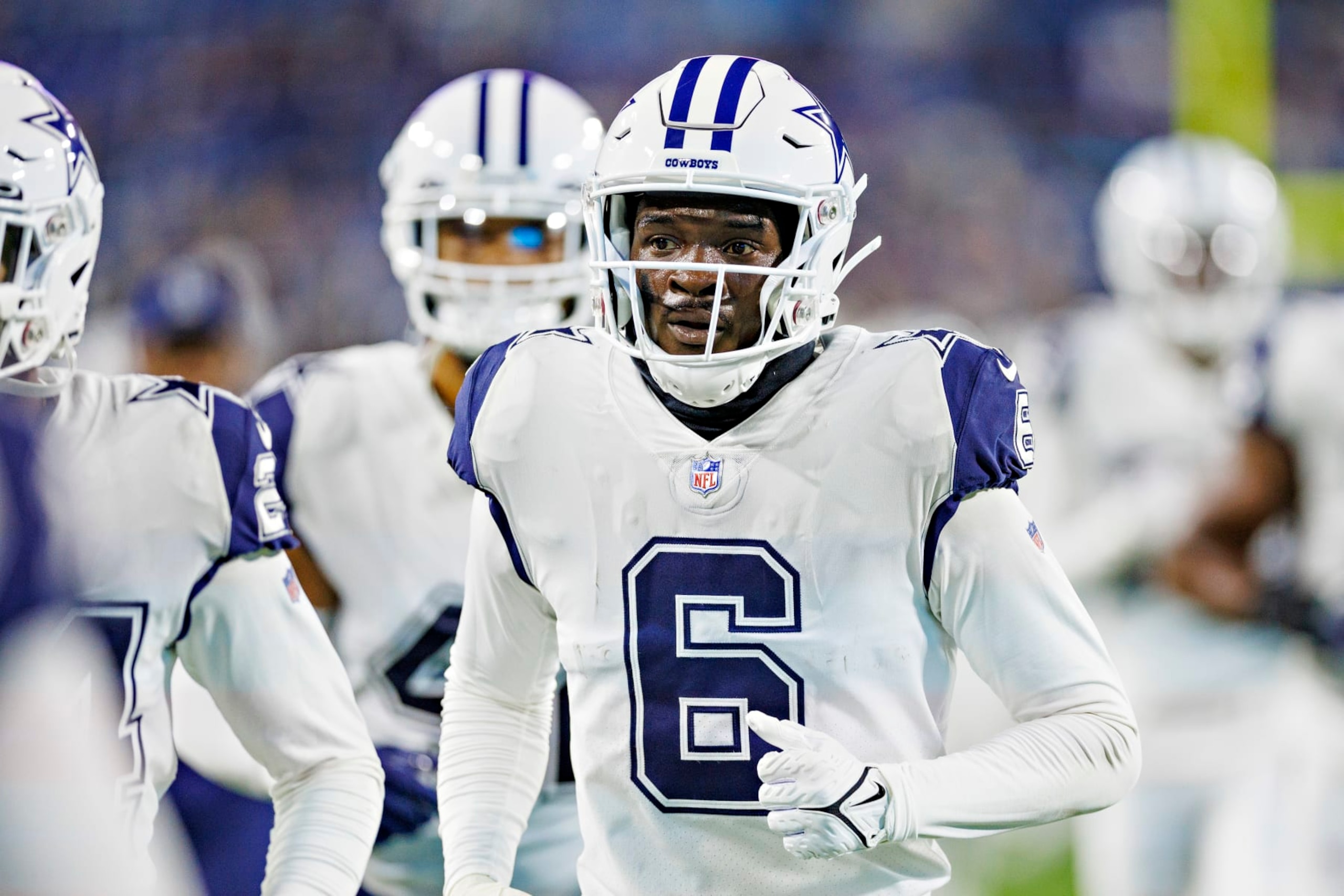 NASHVILLE, TENNESSEE - DECEMBER 29:  Donovan Wilson #6 of the Dallas Cowboys jogs to the locker room before a game against the Tennessee Titans at Nissan Stadium on December 29, 2022 in Nashville, Tennessee. The Cowboys defeated the Titans 27-13. (Photo by Wesley Hitt/Getty Images)