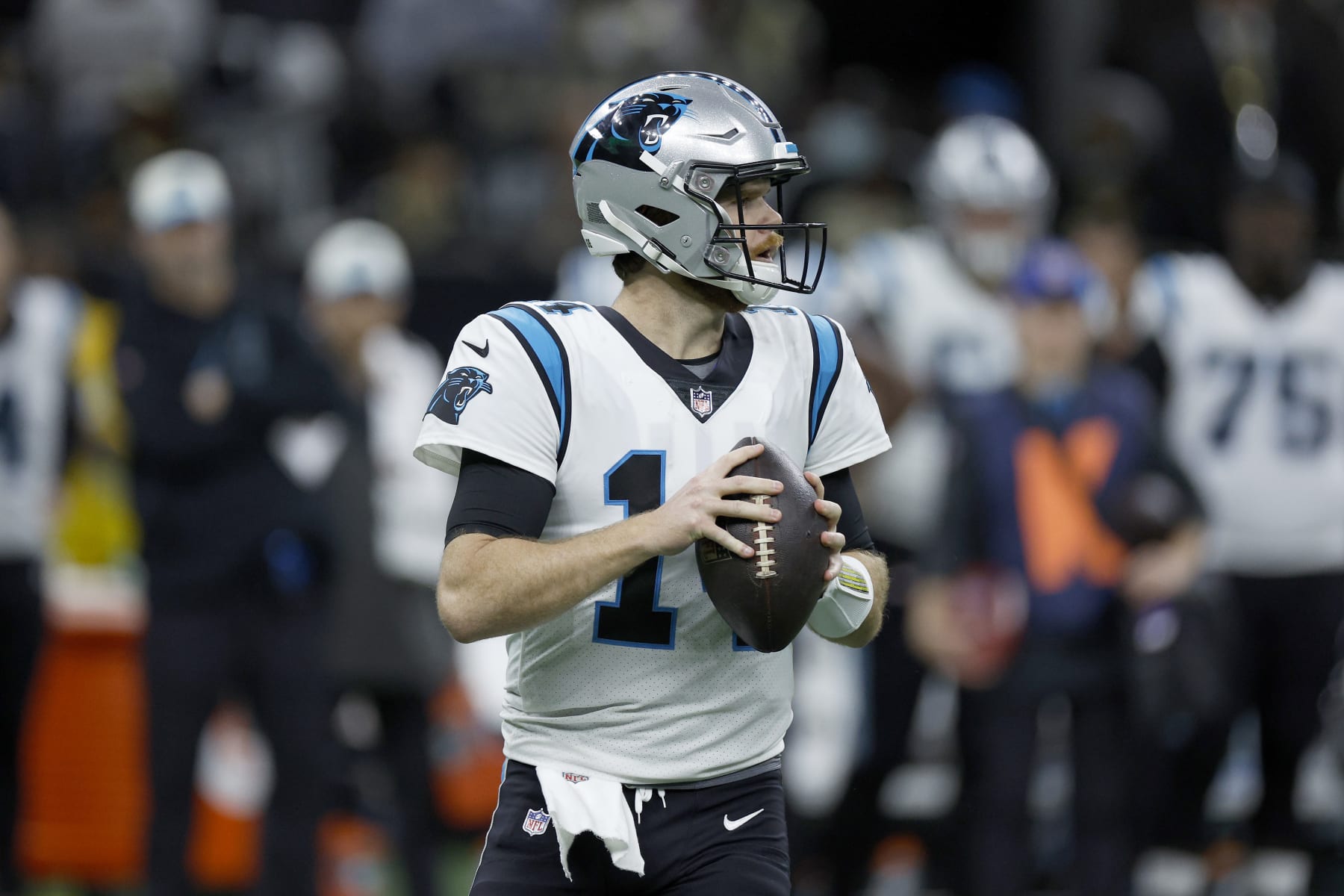 NEW ORLEANS, LOUISIANA - JANUARY 08: Sam Darnold #14 of the Carolina Panthers looks to throw the ball during the third quarter against the New Orleans Saints at Caesars Superdome on January 08, 2023 in New Orleans, Louisiana. (Photo by Chris Graythen/Getty Images)