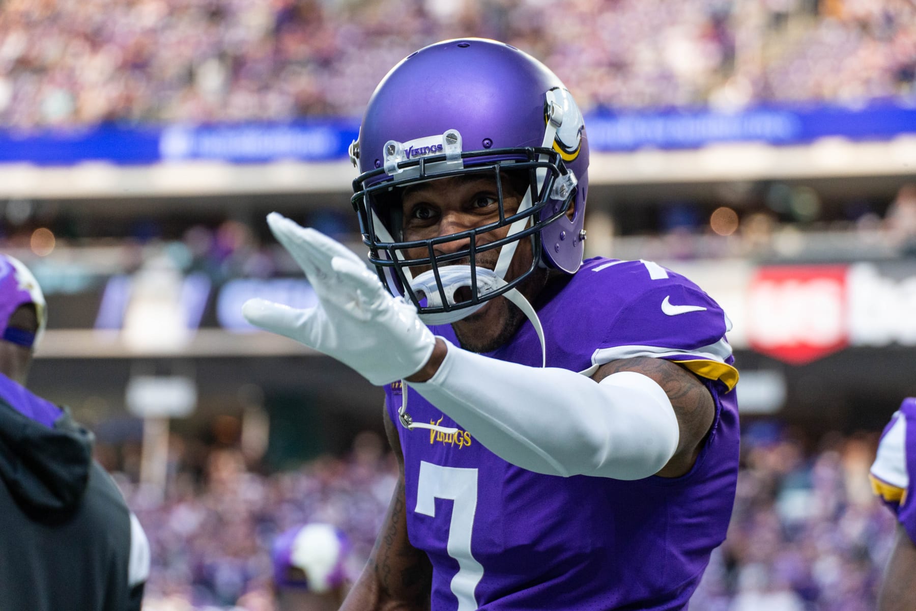 MINNEAPOLIS, MN - JANUARY 15: Minnesota Vikings cornerback Patrick Peterson (7) looks on before the NFL game between the New York Giants and Minnesota Vikings on January 15th, 2023, at U.S. Bank Stadium in Minneapolis, MN. (Photo by Bailey Hillesheim/Icon Sportswire via Getty Images)