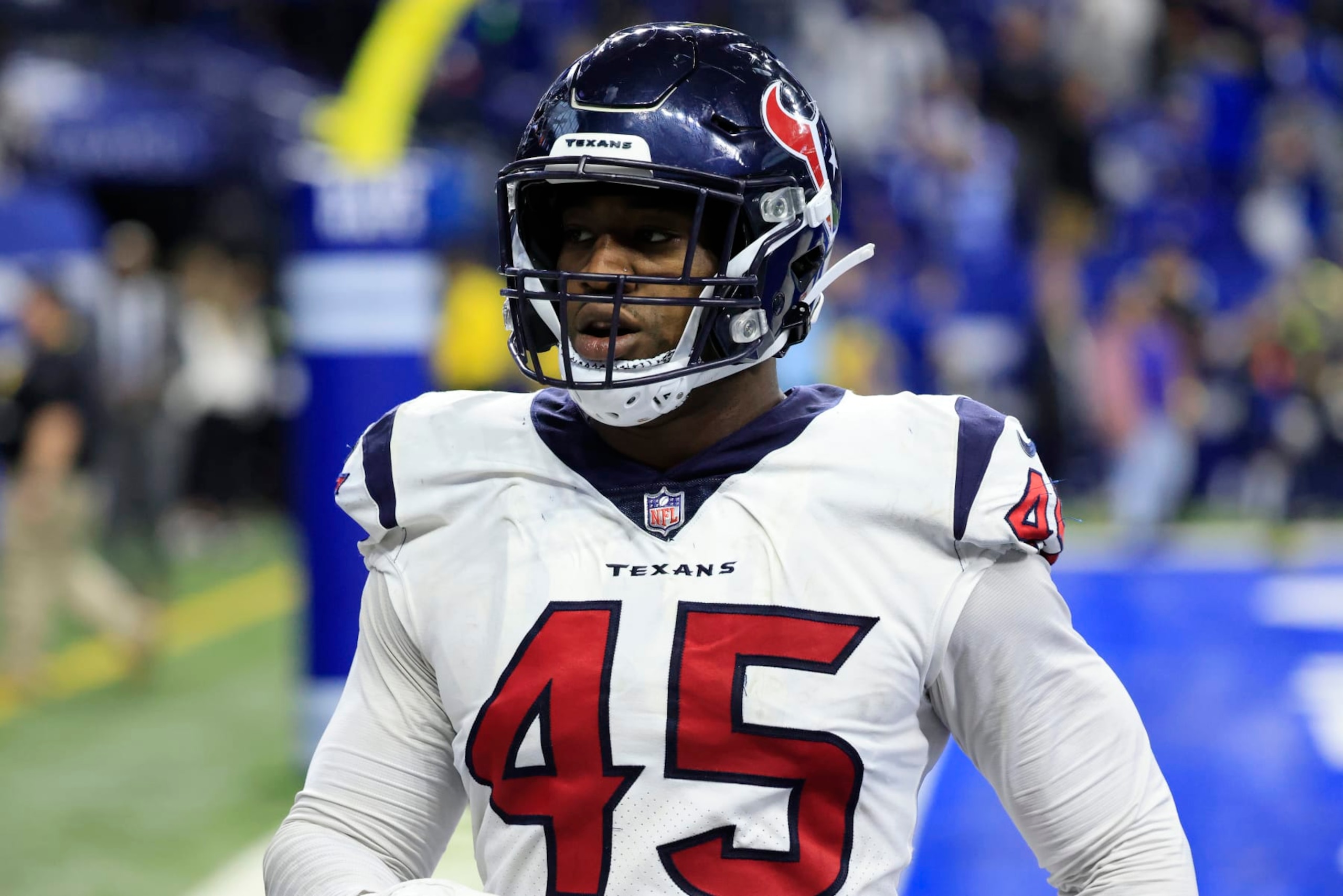 INDIANAPOLIS, INDIANA - JANUARY 08: Ogbonnia Okoronkwo #45 of the Houston Texans on the field in the game against the Indianapolis Colts at Lucas Oil Stadium on January 08, 2023 in Indianapolis, Indiana. (Photo by Justin Casterline/Getty Images)
