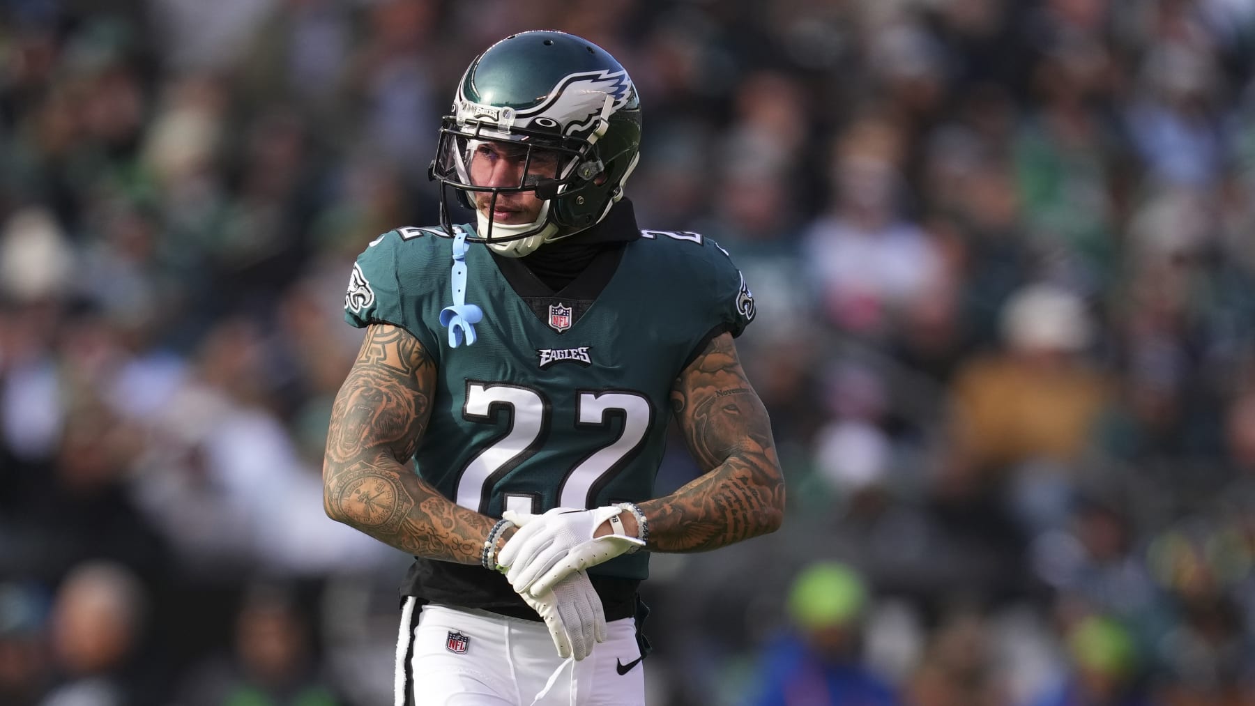 PHILADELPHIA, PA - DECEMBER 04: Marcus Epps #22 of the Philadelphia Eagles looks on against the Tennessee Titans at Lincoln Financial Field on December 4, 2022 in Philadelphia, Pennsylvania. (Photo by Mitchell Leff/Getty Images)