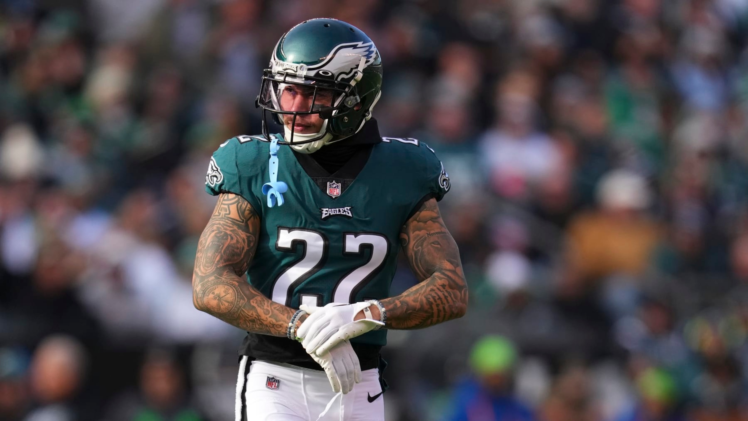 PHILADELPHIA, PA - DECEMBER 04: Marcus Epps #22 of the Philadelphia Eagles looks on against the Tennessee Titans at Lincoln Financial Field on December 4, 2022 in Philadelphia, Pennsylvania. (Photo by Mitchell Leff/Getty Images)
