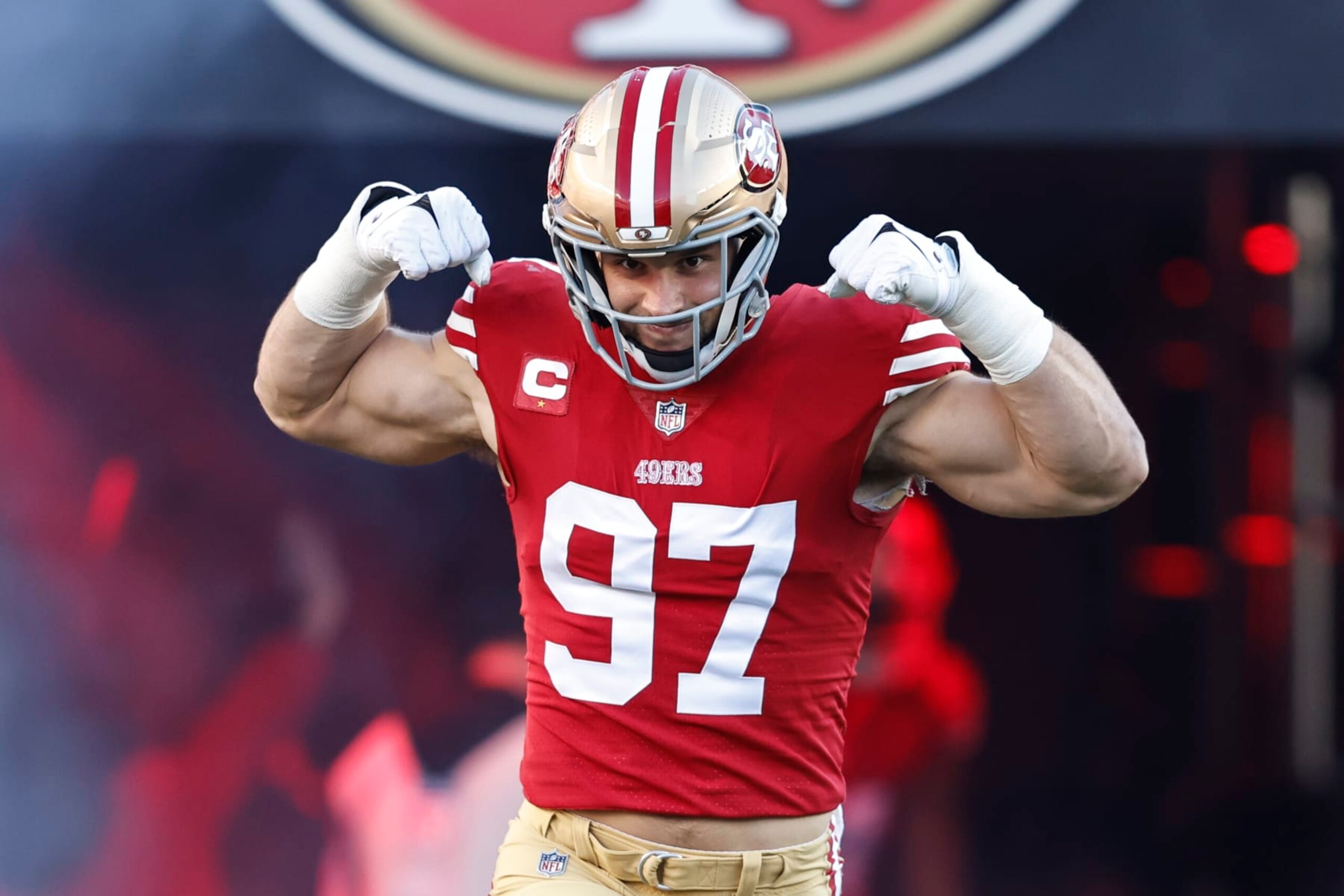 SANTA CLARA, CALIFORNIA - JANUARY 22: Nick Bosa #97 of the San Francisco 49ers reacts as he takes the field prior to an NFL divisional round playoff football game between the San Francisco 49ers and the Dallas Cowboys at Levi's Stadium on January 22, 2023 in Santa Clara, California. (Photo by Michael Owens/Getty Images)